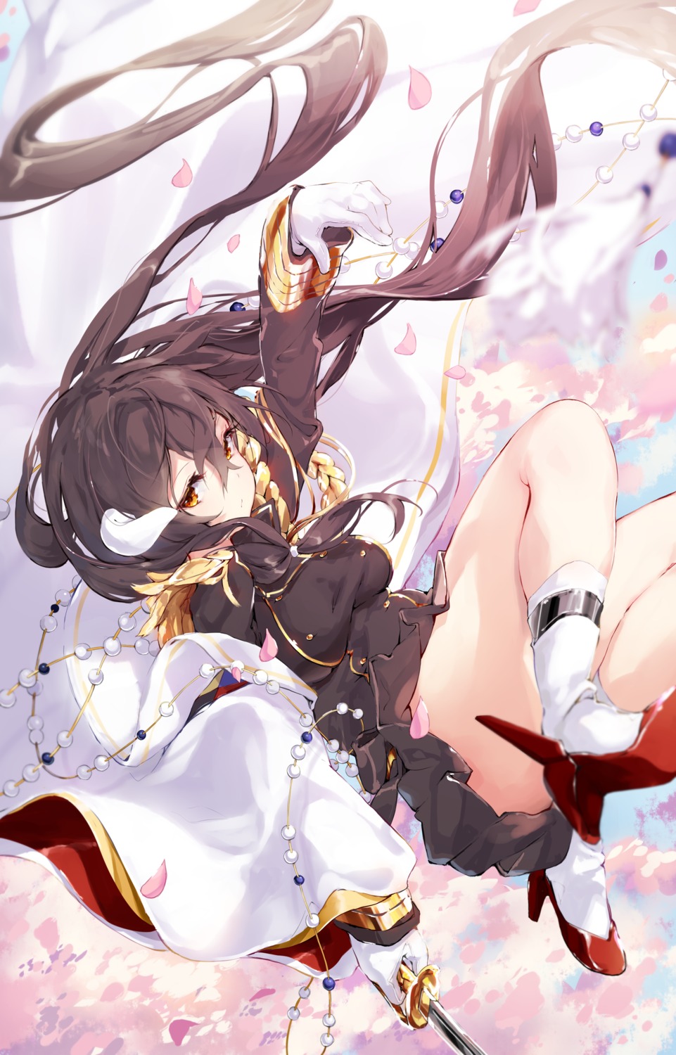 azur_lane heels horns mikasa_(azur_lane) skirt_lift sword t-bth uniform