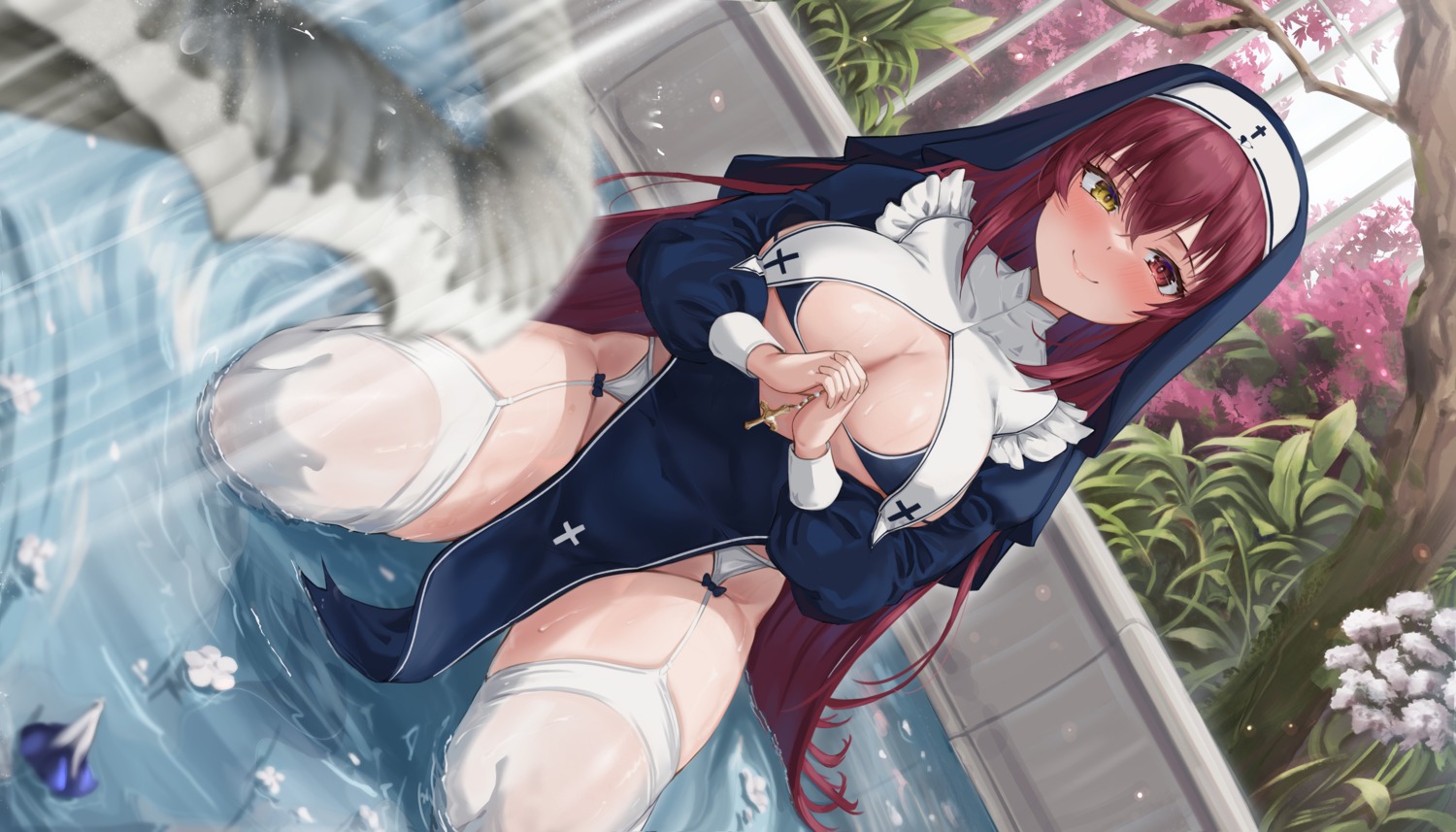 bra garter_belt heterochromia hololive houshou_marine kuutamo nopan nun stockings thighhighs wet wet_clothes