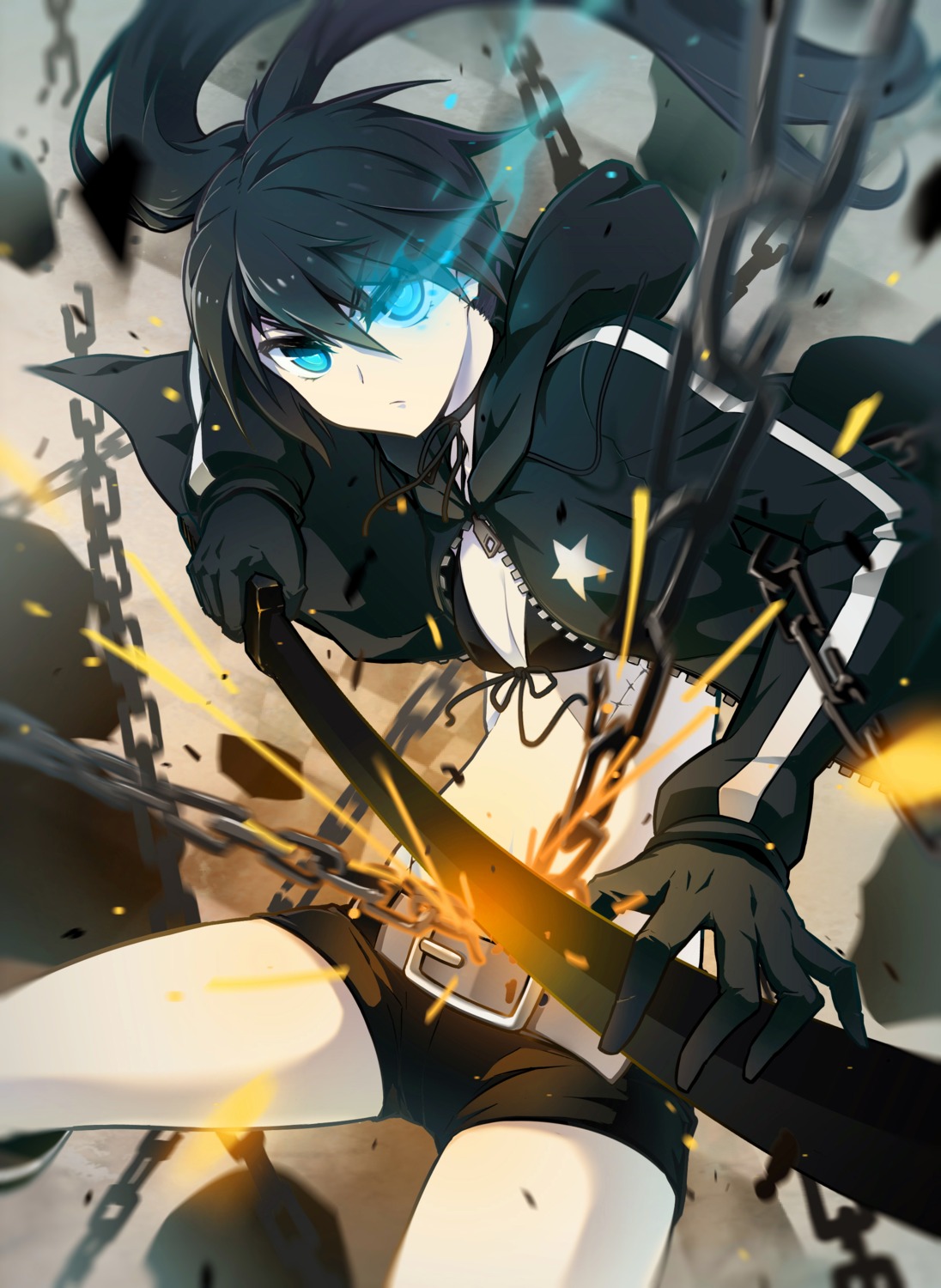 bikini_top black_rock_shooter black_rock_shooter_(character) cleavage open_shirt swimsuits sword xh