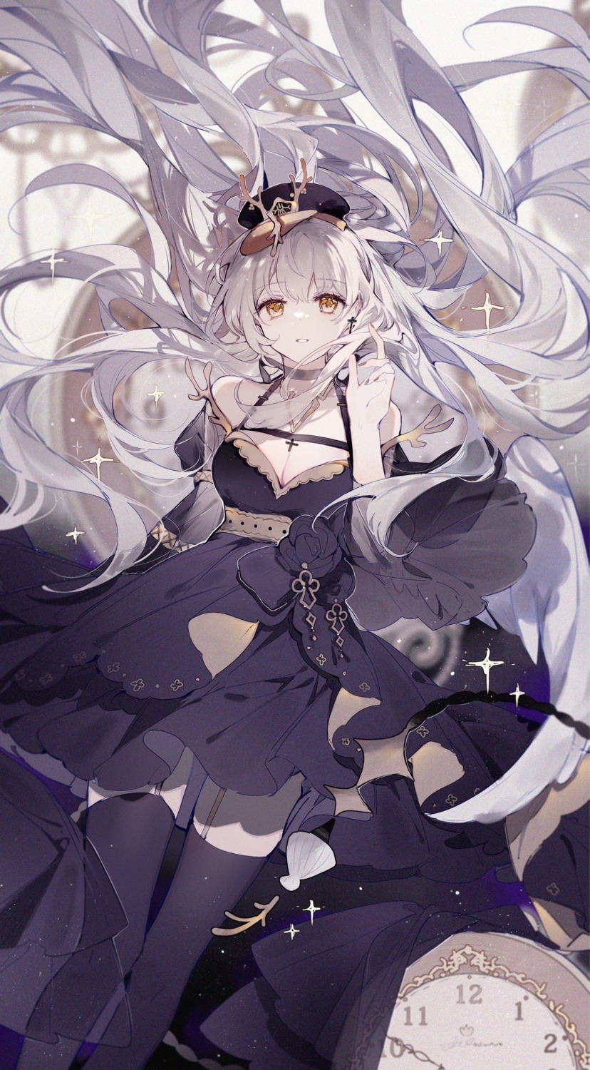 cleavage dress horns indie_virtual_youtuber no_bra qianqianjie skirt_lift stockings thighhighs