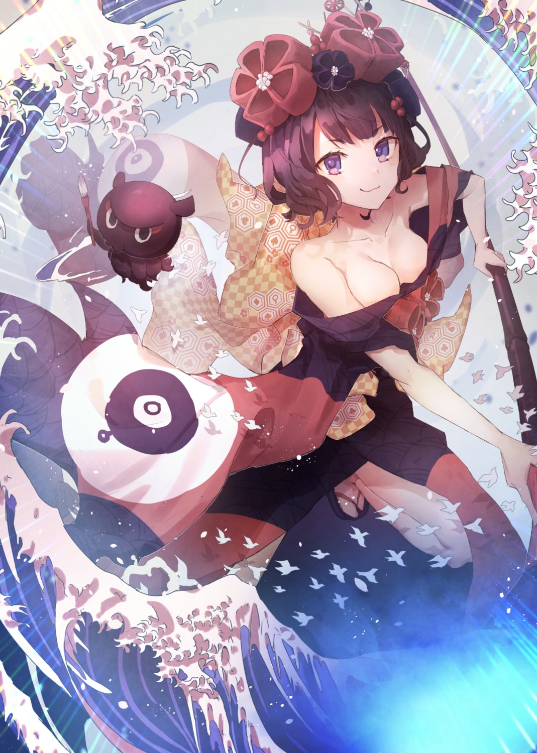 c2h76_5 fate/grand_order japanese_clothes katsushika_hokusai_(fate) no_bra open_shirt weapon