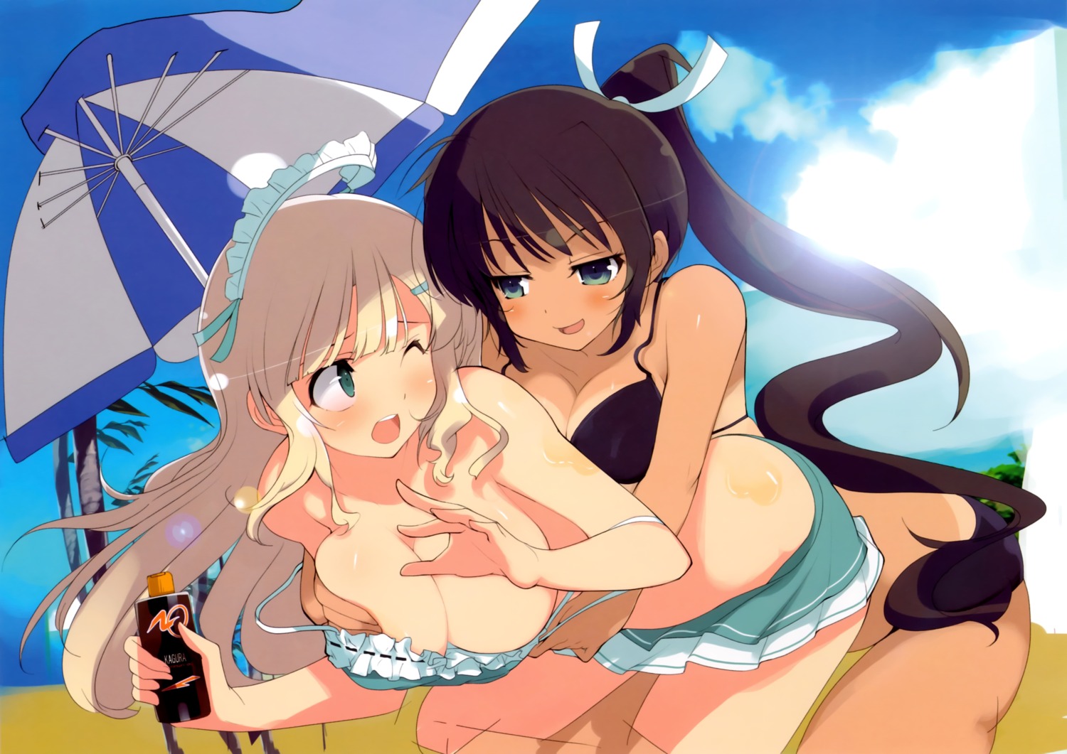 breast_grab cleavage cream homura_(senran_kagura) maid senran_kagura tan_lines yaegashi_nan yomi_(senran_kagura) yuri