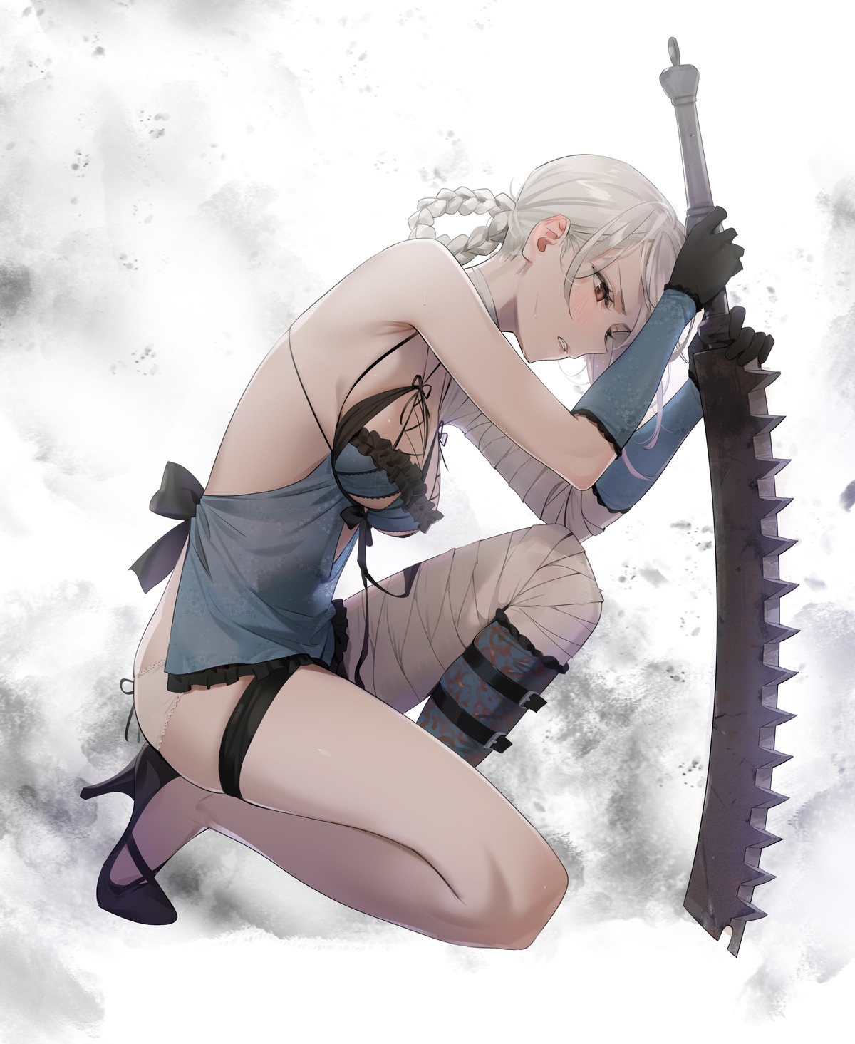 bandages garter heels kaine_(nier) lingerie nier nier_replicant no_bra pantsu weapon yd_(orange_maru)