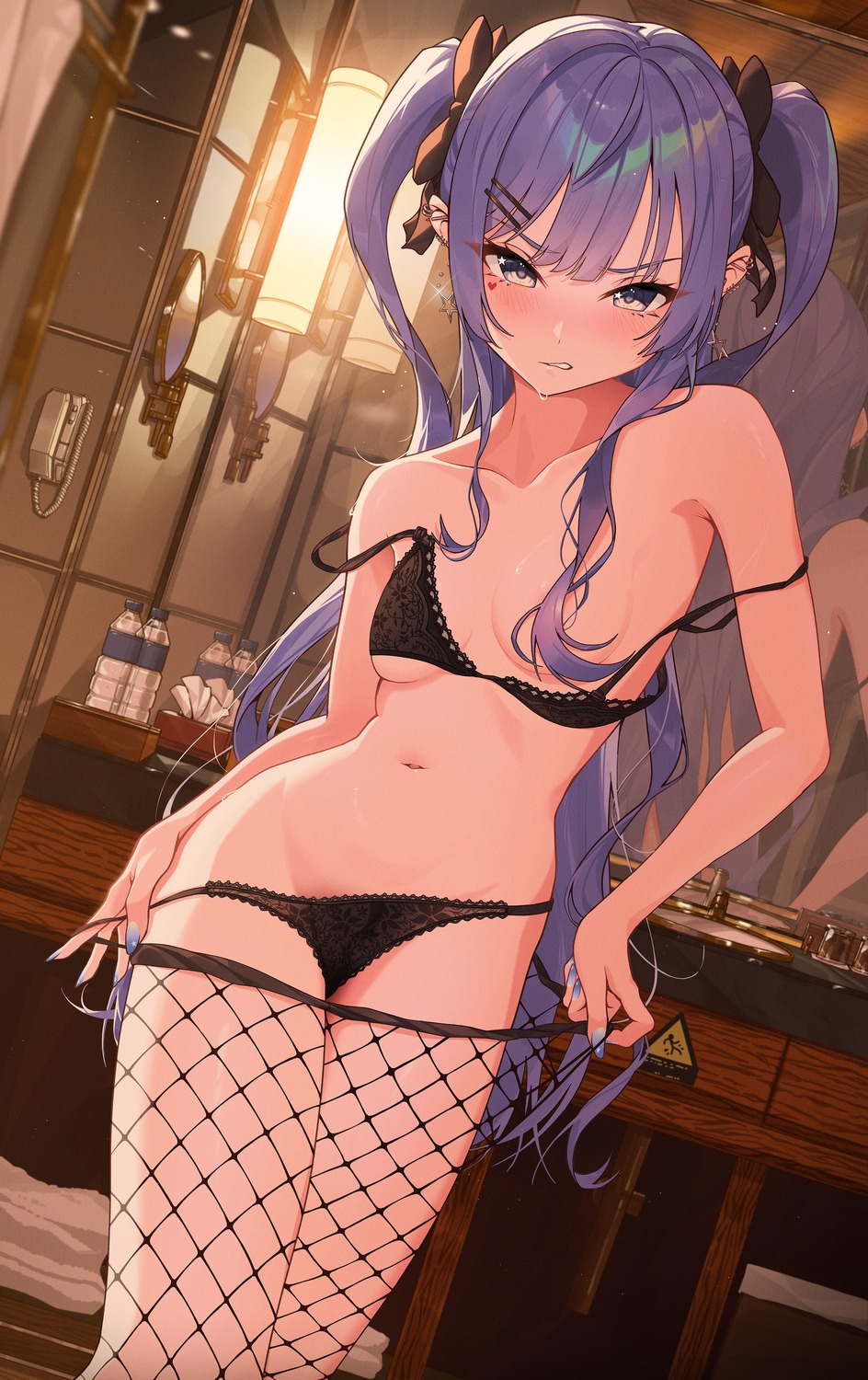 areola bra fishnets hololive hoshimachi_suisei hyunwoo pantsu panty_pull pantyhose undressing