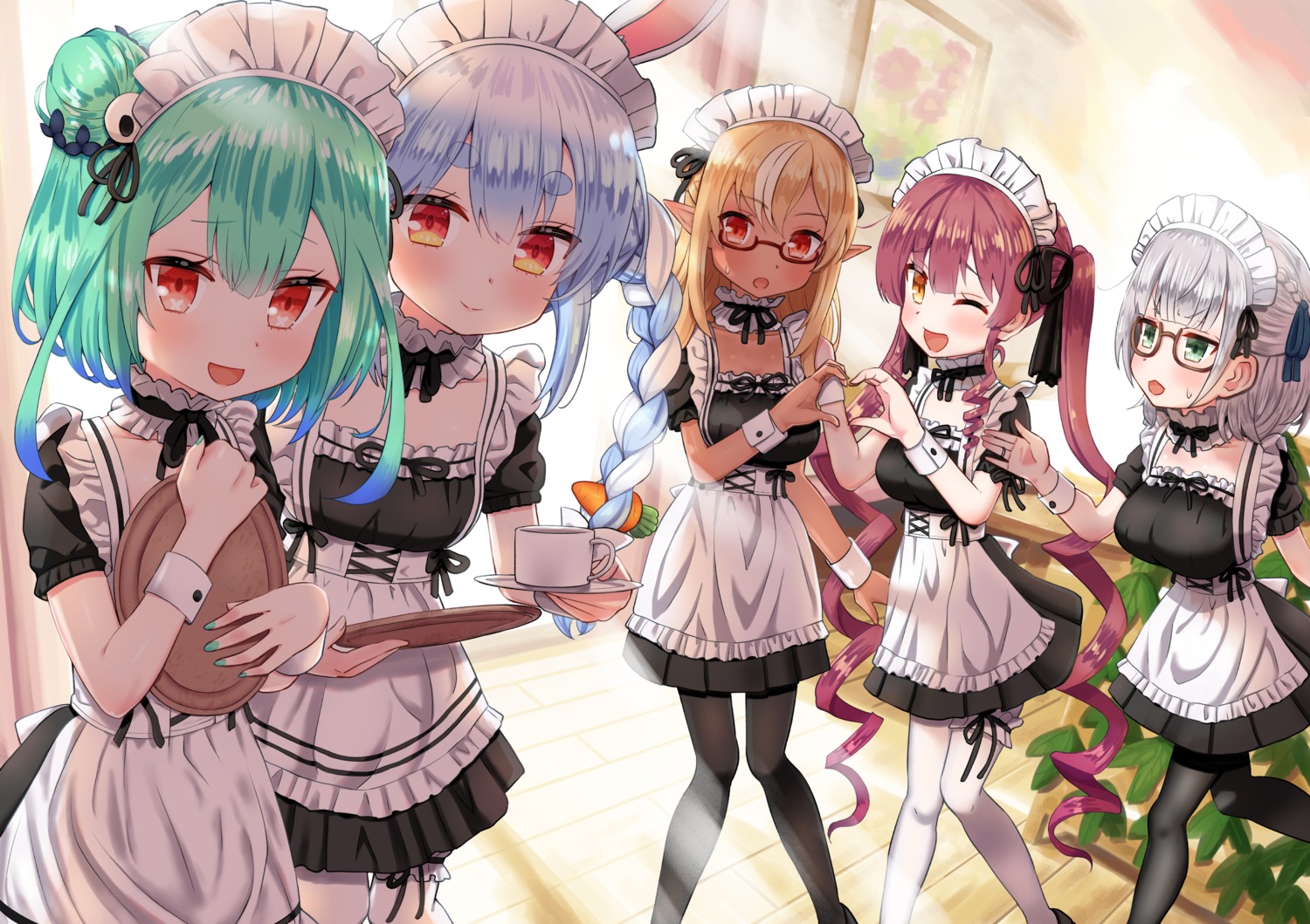 dorianpanda elf garter hololive houshou_marine maid megane pantyhose pointy_ears shiranui_flare shirogane_noel uruha_rushia usada_pekora