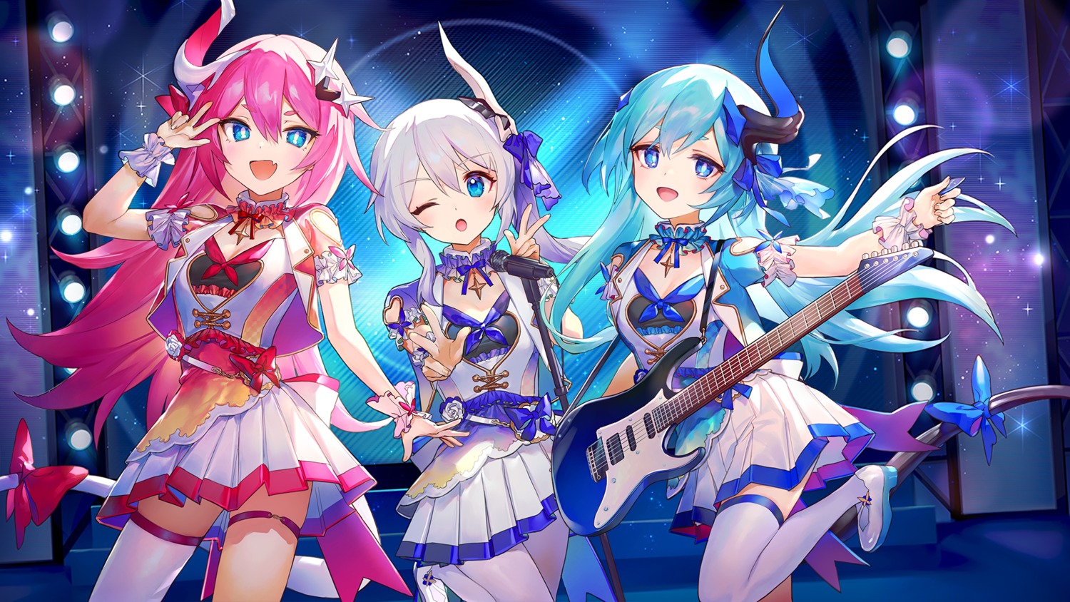 ainy benghuai_xueyuan cleavage garter guitar honkai_impact horns skirt_lift tail thighhighs uniform wallpaper