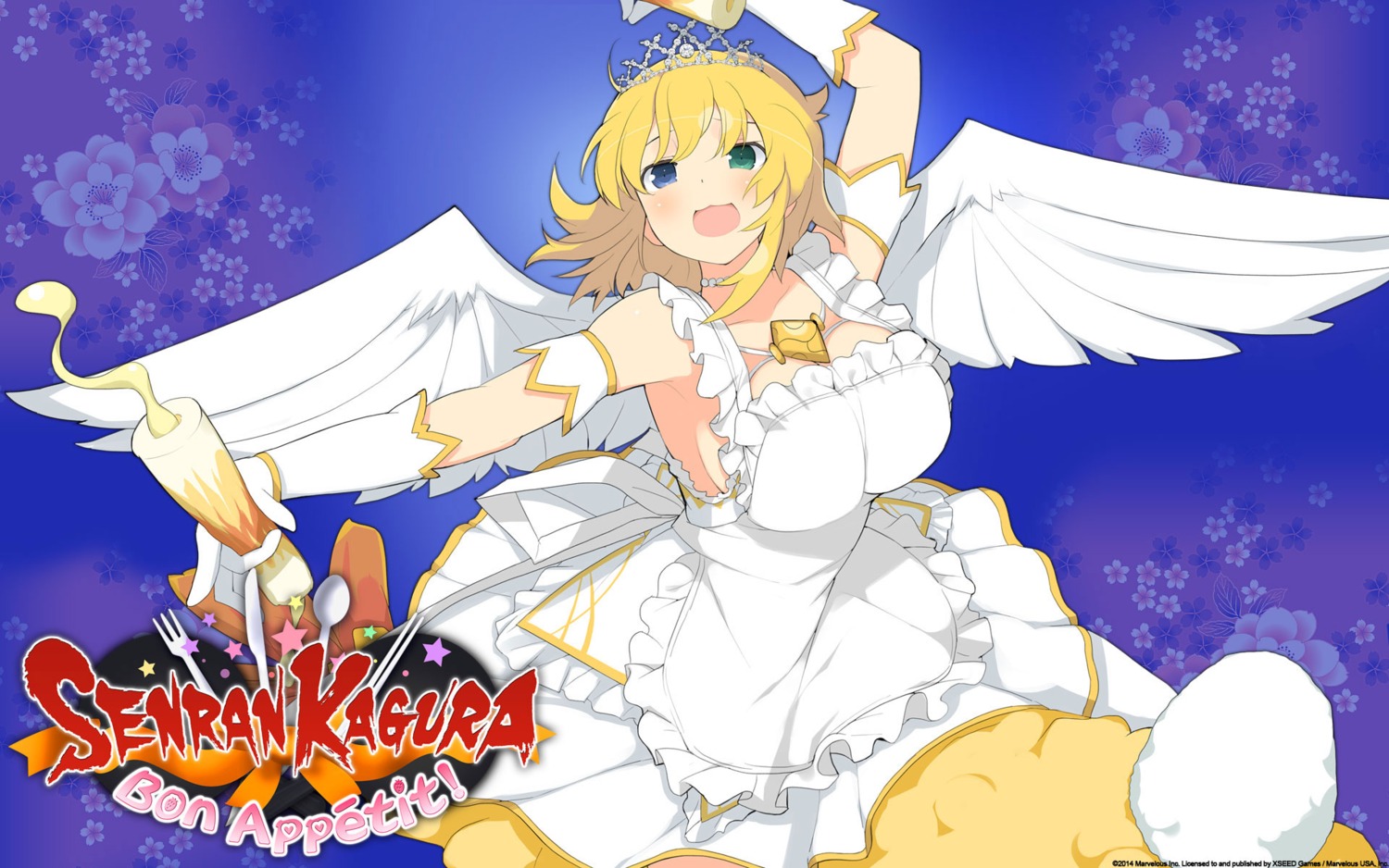 angel cleavage dress heterochromia marvelous_entertainment no_bra ryouna senran_kagura senran_kagura:_bon_appetit wallpaper wings yaegashi_nan