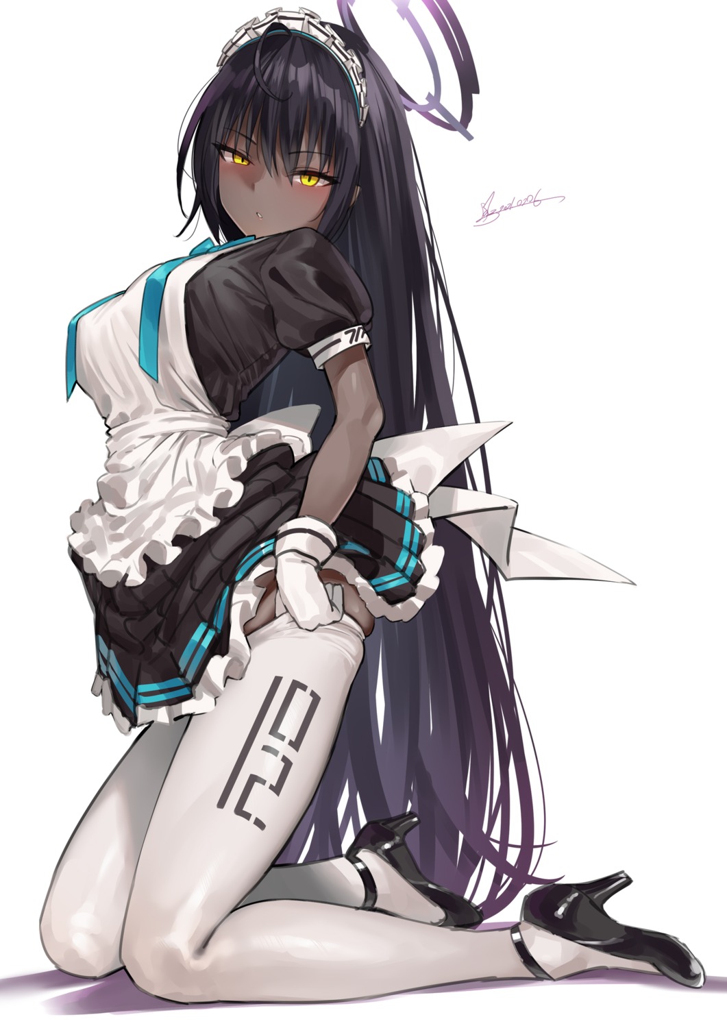 blue_archive halo heels kakudate_karin maid skirt_lift soya_(torga) thighhighs undressing