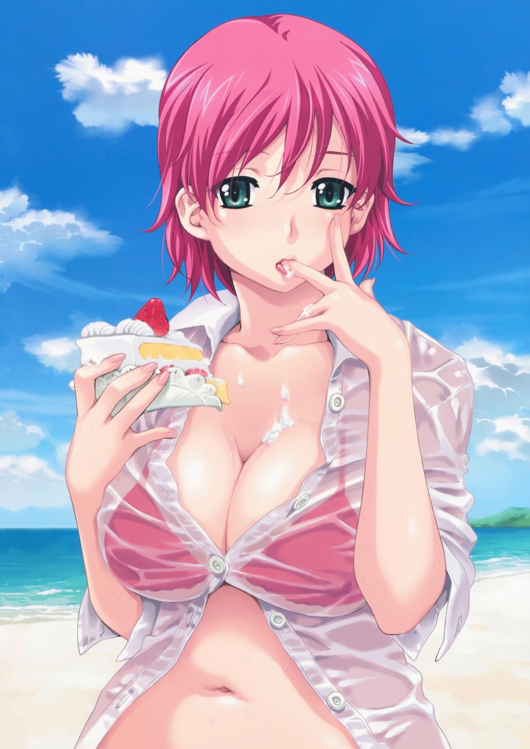 bikini_top cream dress_shirt happoubi_jin iihara_nao open_shirt resort_boin see_through swimsuits wet wet_clothes