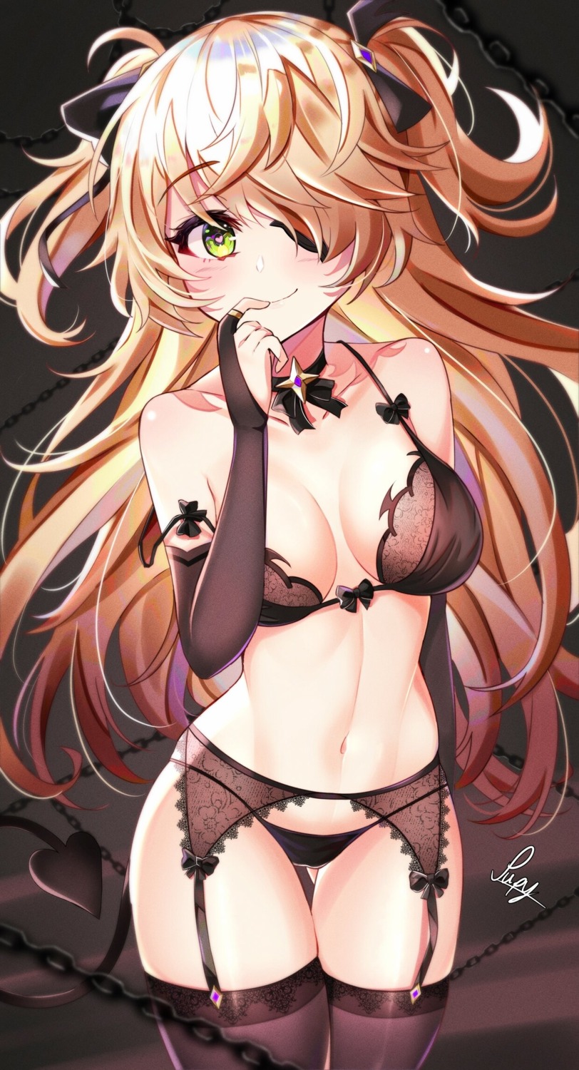 bra eyepatch fischl garter_belt genshin_impact lingerie pantsu pupy_exe stockings thighhighs