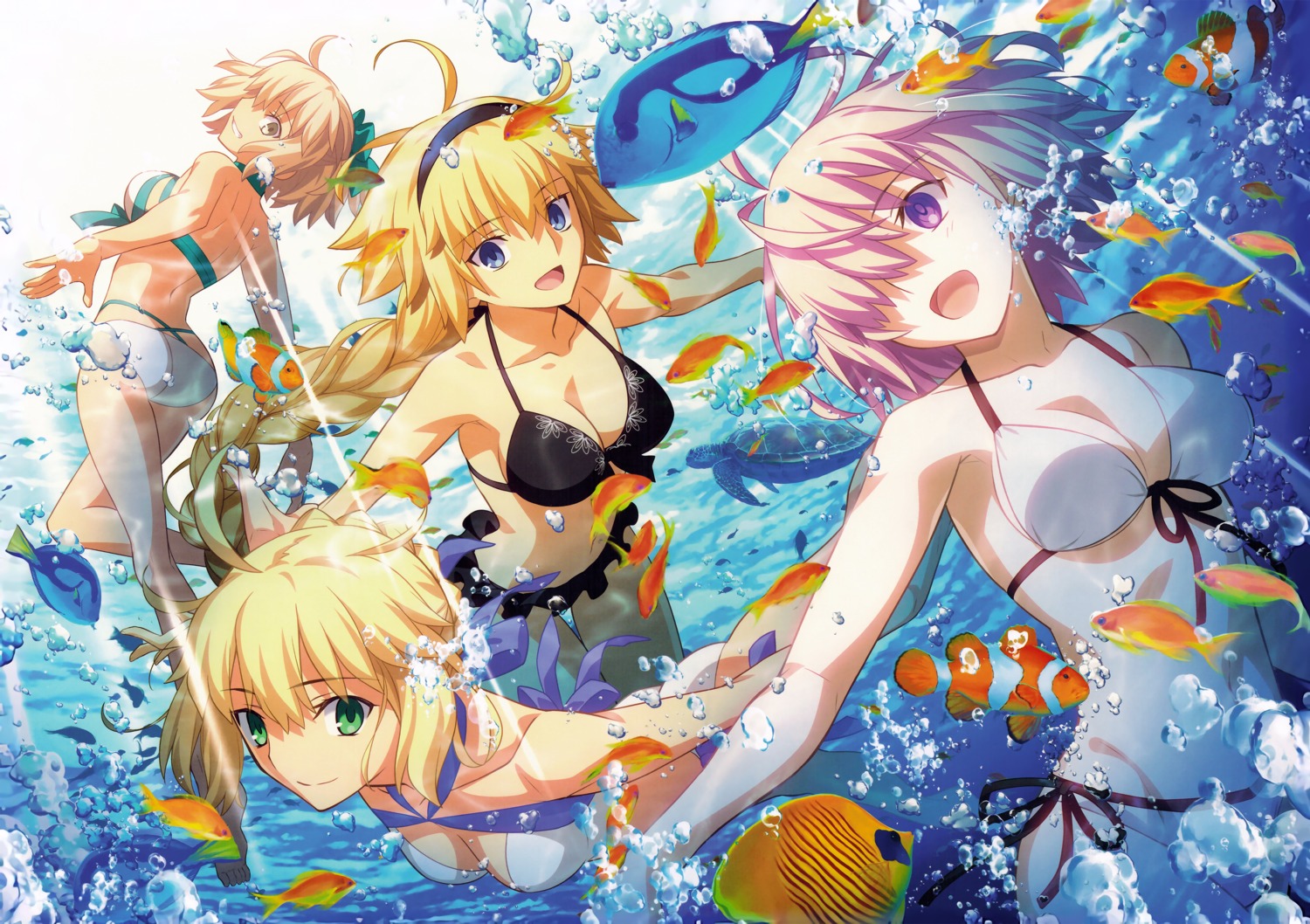 bikini cleavage fate/grand_order jeanne_d'arc jeanne_d'arc_(fate) mash_kyrielight okita_souji_(fate) saber swimsuits takeuchi_takashi