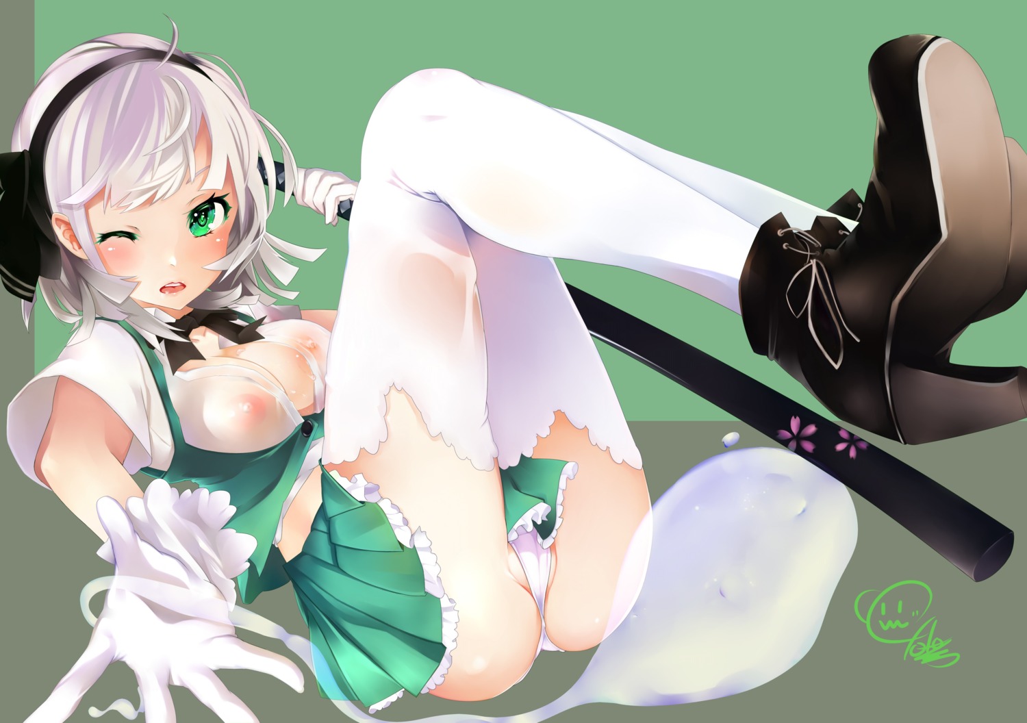 cameltoe heels konpaku_youmu nipples no_bra open_shirt pantsu see_through seigou006 thighhighs thong touhou weapon