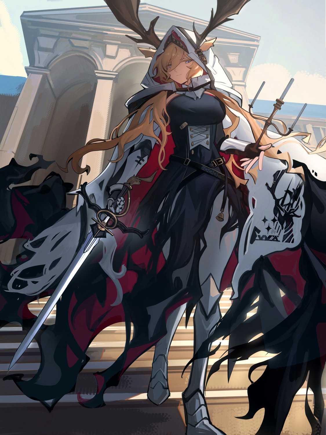 animal_ears arknights armor distr dress heels horns pantyhose sword torn_clothes viviana_droste