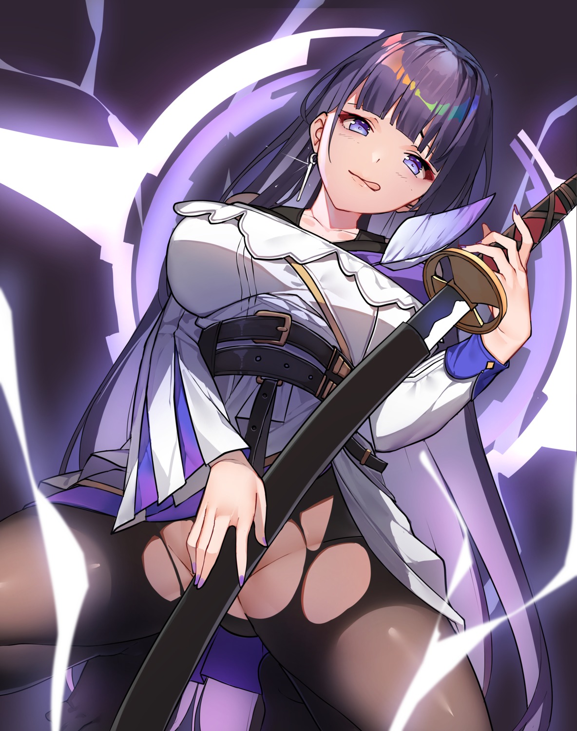 benghuai_xueyuan honkai_impact japanese_clothes nopan pantyhose raiden_mei sword torn_clothes vierzeck