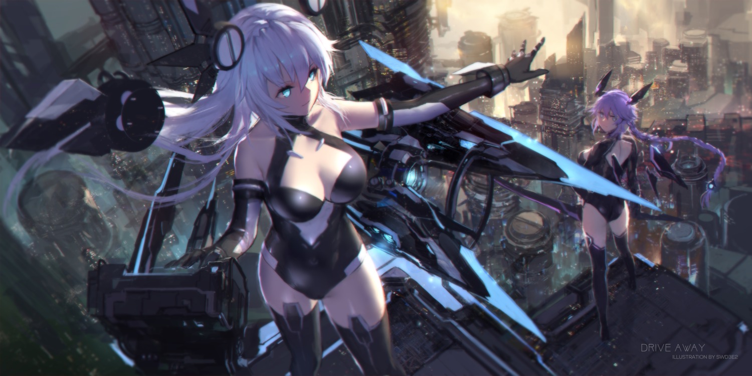 black_heart bodysuit choujigen_game_neptune cleavage horns purple_heart swd3e2 sword thighhighs weapon