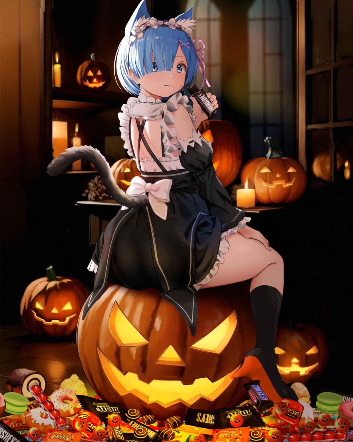 animal_ears gibun_(sozoshu) halloween heels maid nekomimi re_zero_kara_hajimeru_isekai_seikatsu rem_(re_zero) tail