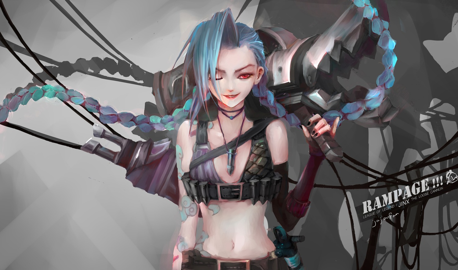 bikini_armor gun jinx league_of_legends tattoo weapon