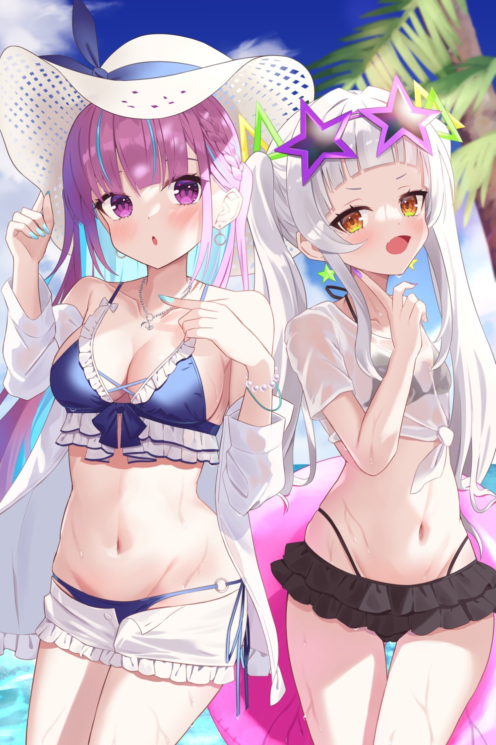 bikini hololive megane minato_aqua murasaki_shion open_shirt saki_(saki_paint) see_through swimsuits wet_clothes