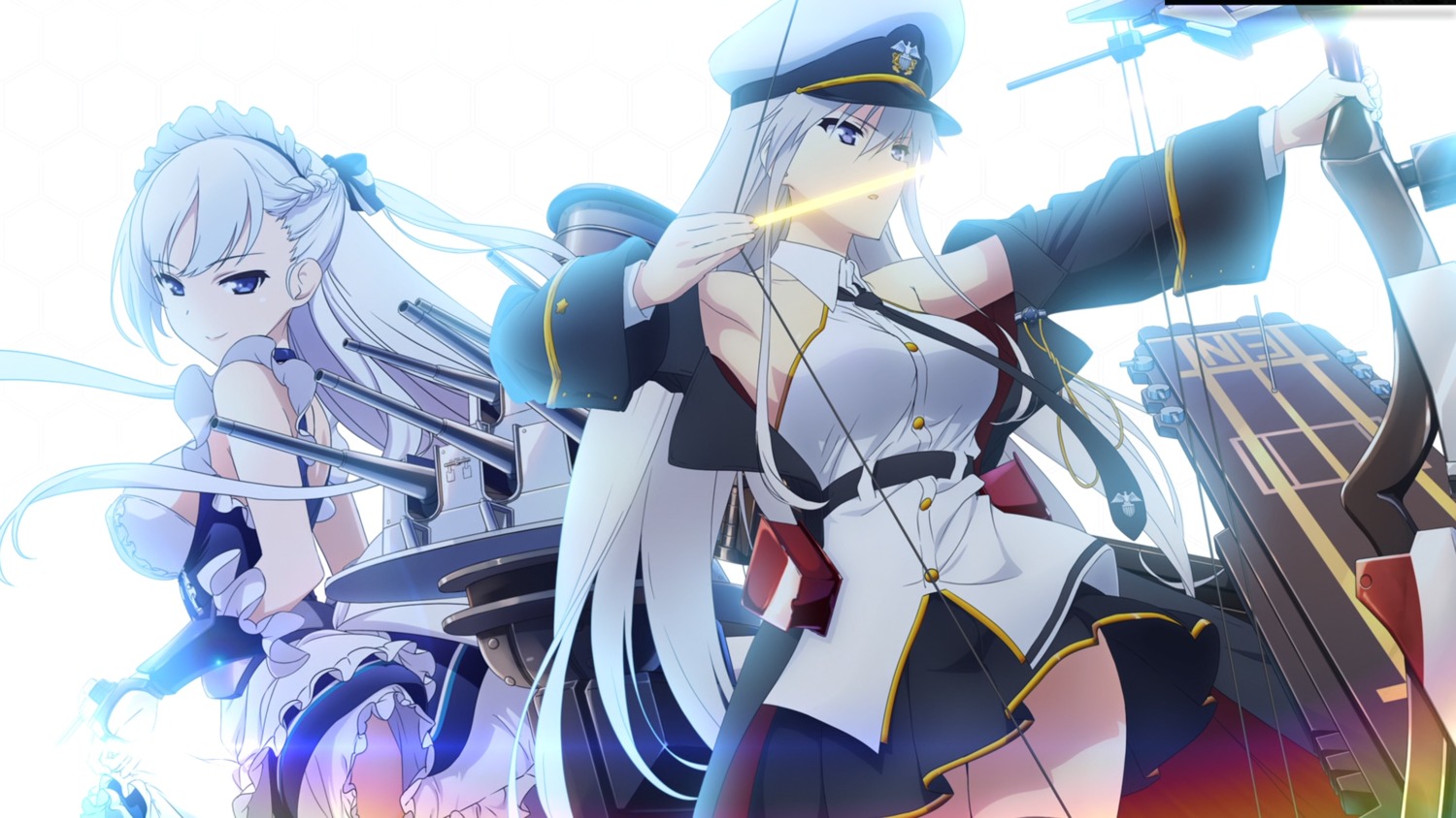 azur_lane belfast_(azur_lane) cap enterprise_(azur_lane) maid skirt_lift uniform weapon