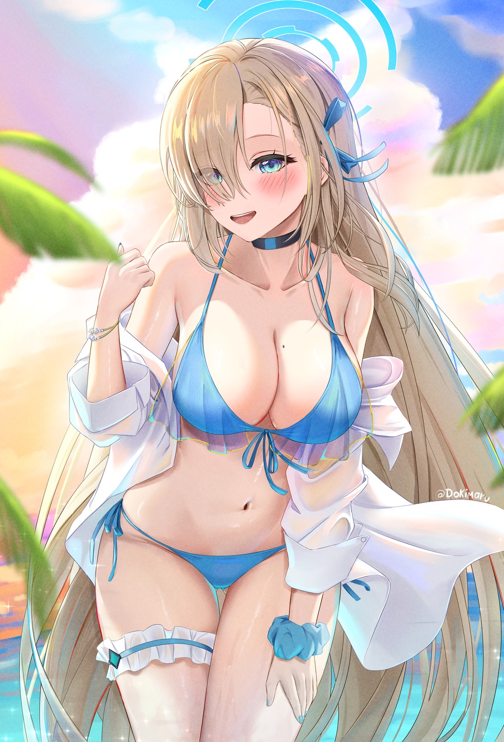 bikini blue_archive dokimaru garter halo ichinose_asuna open_shirt see_through swimsuits