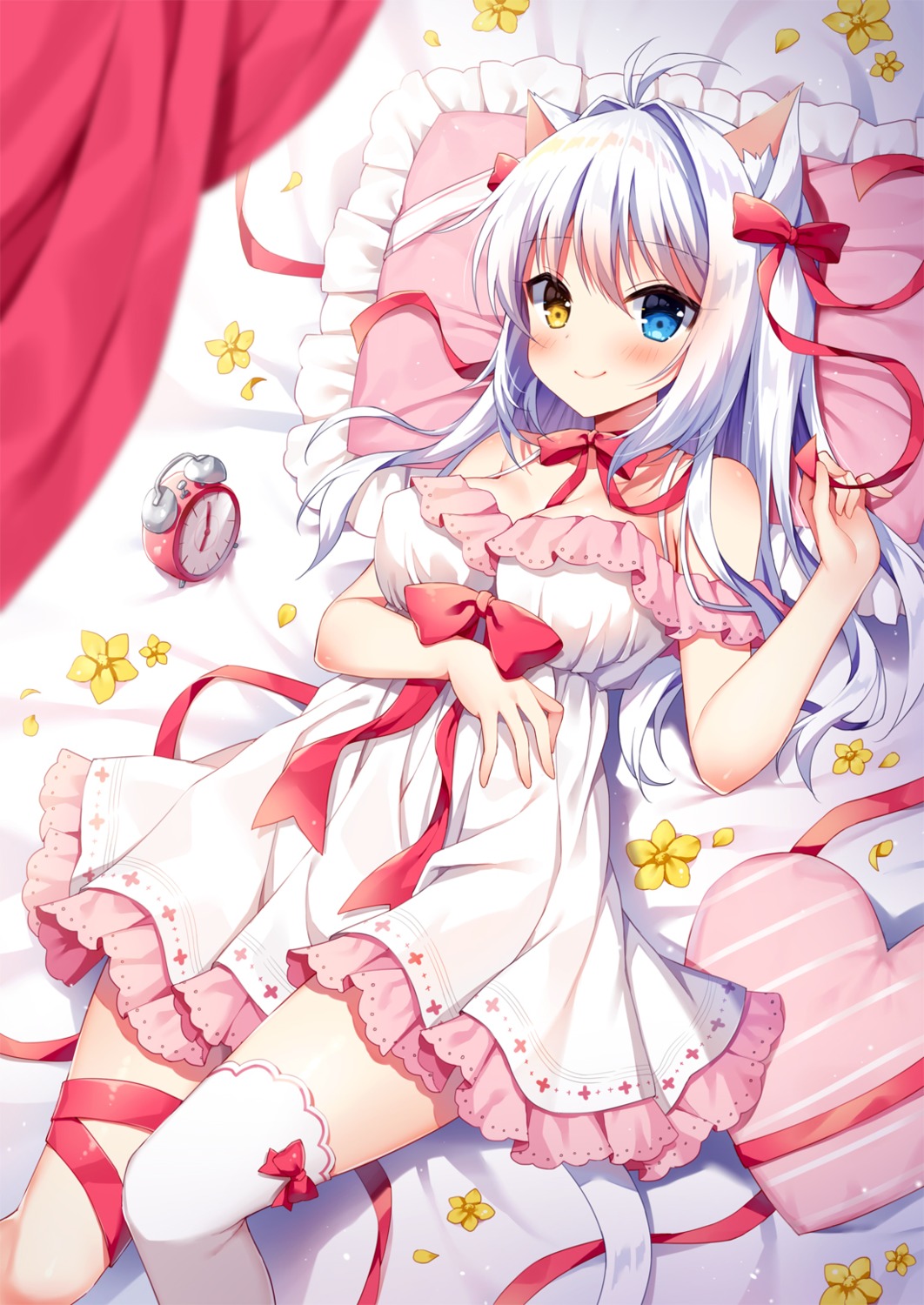 aina_rive animal_ears cleavage dress heterochromia mauve nekomimi tail thighhighs