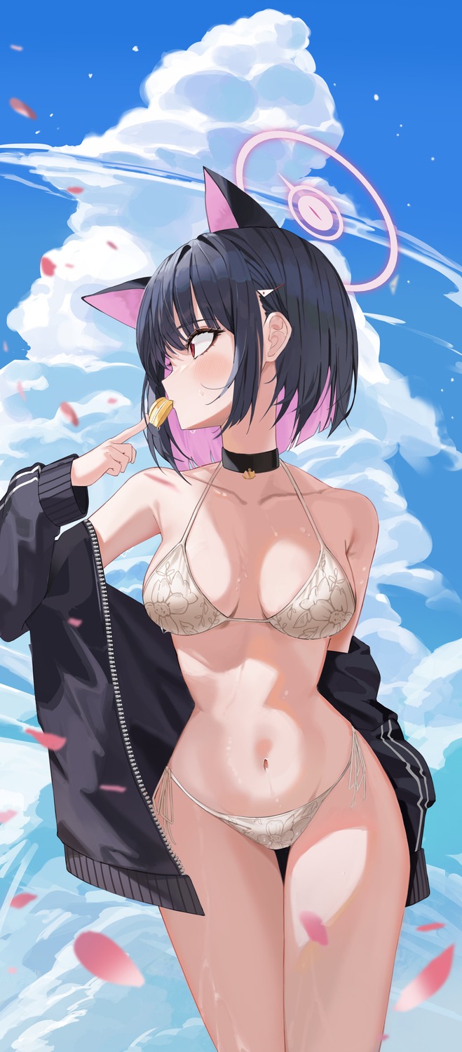 animal_ears bikini blue_archive halo k.j. kyouyama_kazusa nekomimi open_shirt swimsuits