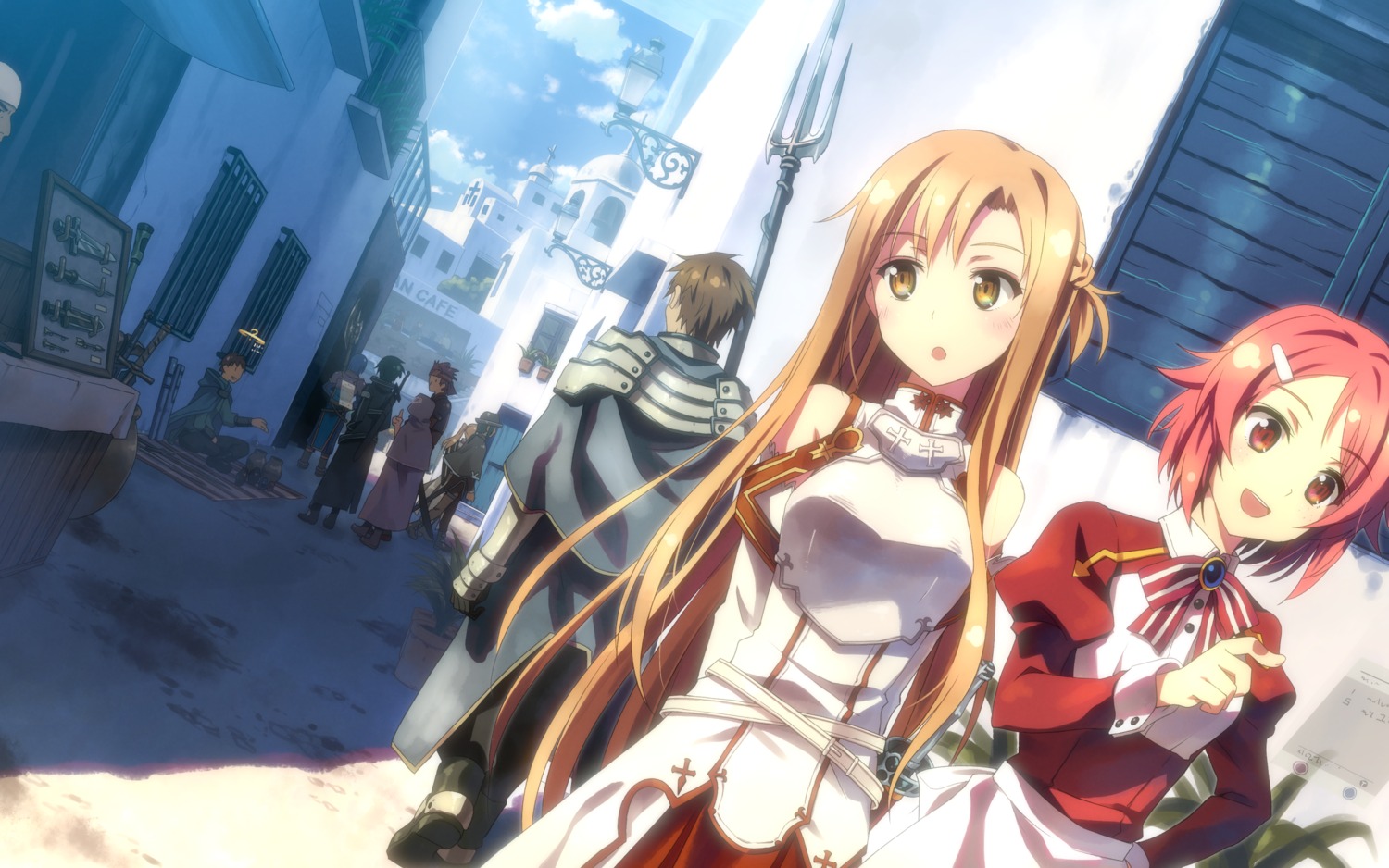 armor asuna_(sword_art_online) dress kirito klein_(sword_art_online) landscape lisbeth sword sword_art_online weapon yuuki_tatsuya