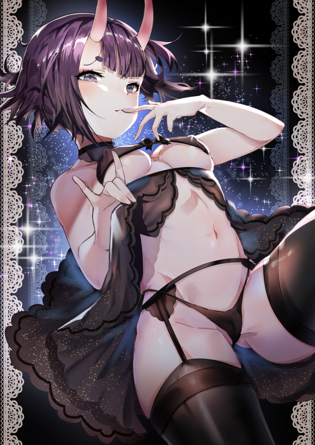 bra cameltoe erect_nipples fate/grand_order garter_belt horns lingerie matsumura_(pixiv6147269) pantsu see_through shuten_douji_(fate/grand_order) skirt_lift stockings thighhighs