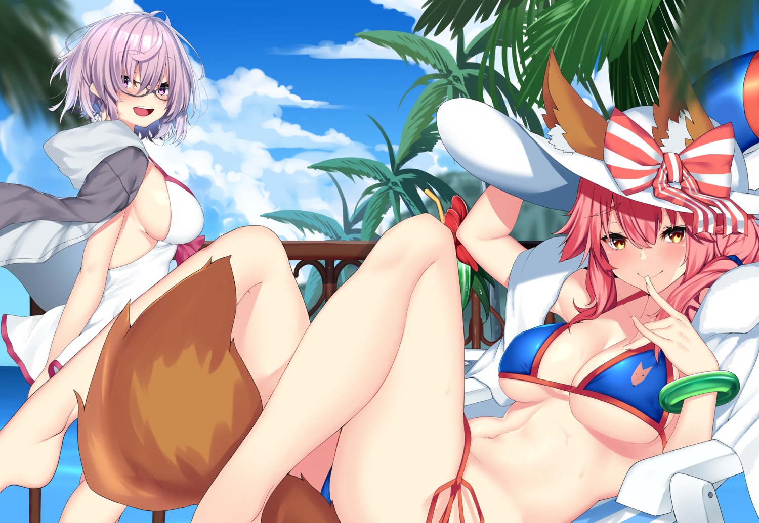 animal_ears bikini fate/grand_order mash_kyrielight megane nebusoku swimsuits tail tamamo_no_mae underboob