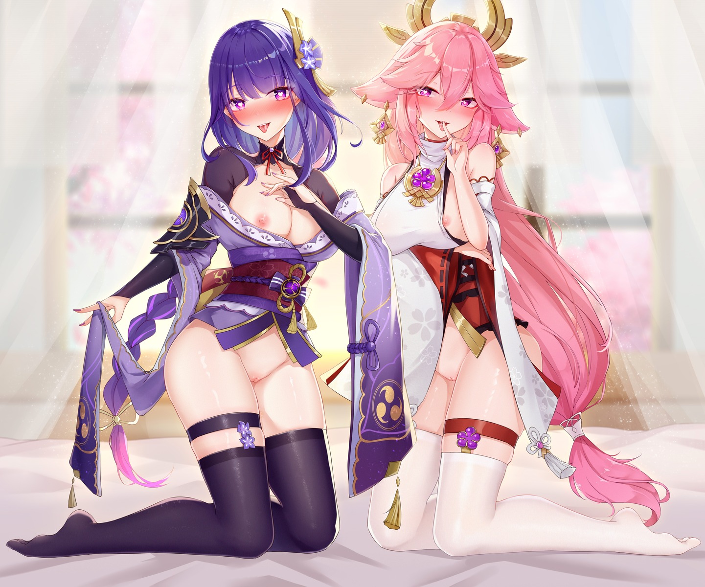 animal_ears garter genshin_impact japanese_clothes kitsune moe_shin_image_residue nipples no_bra nopan open_shirt pussy raiden_shogun stockings thighhighs uncensored yae_miko