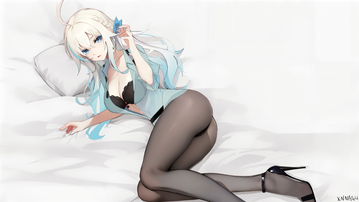 bra dress_shirt heels loslyn_(tower_of_fantasy) open_shirt pantsu pantyhose see_through syngeloussier thong tower_of_fantasy