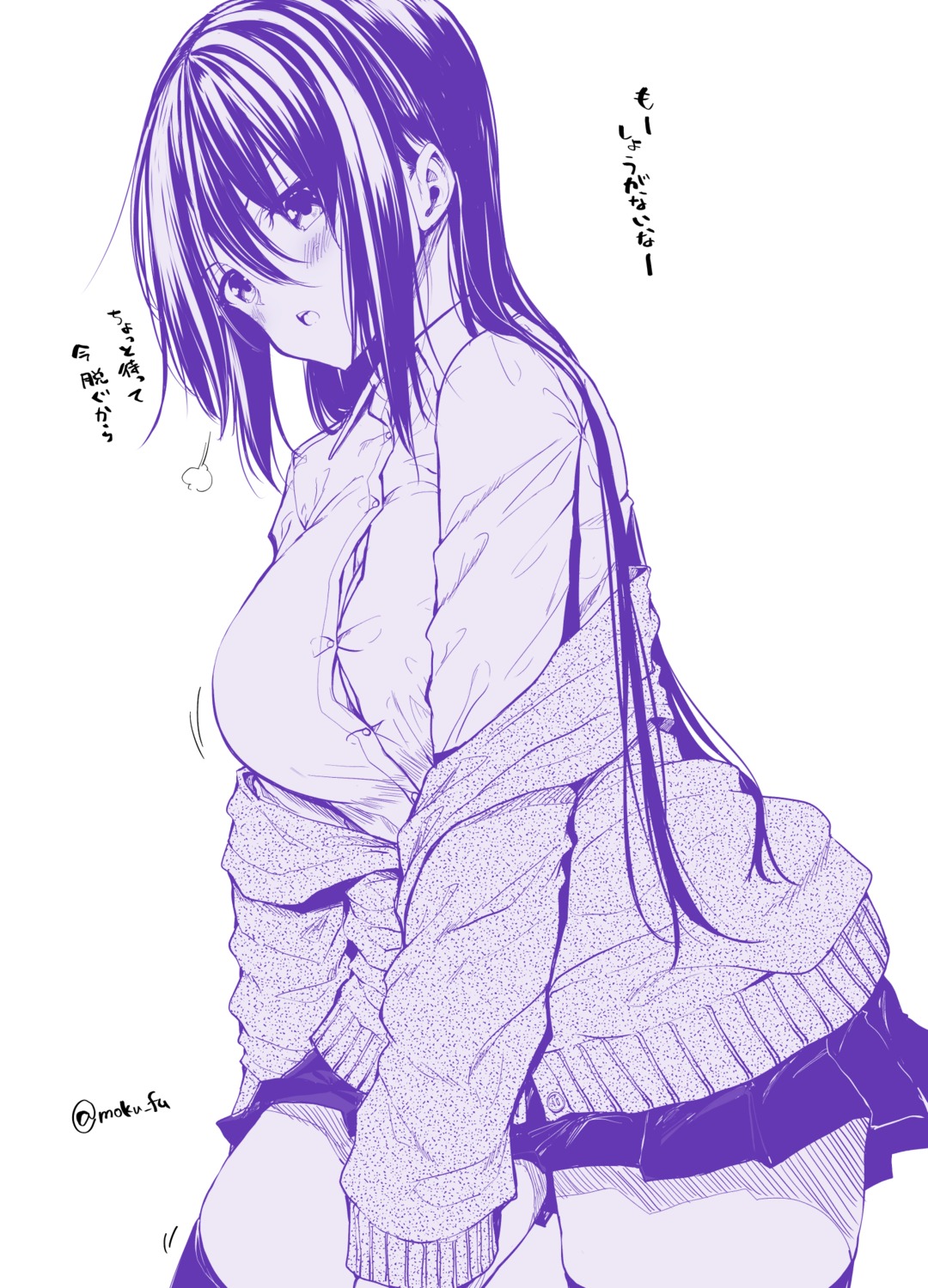 cleavage mokufuu monochrome seifuku skirt_lift sweater thighhighs