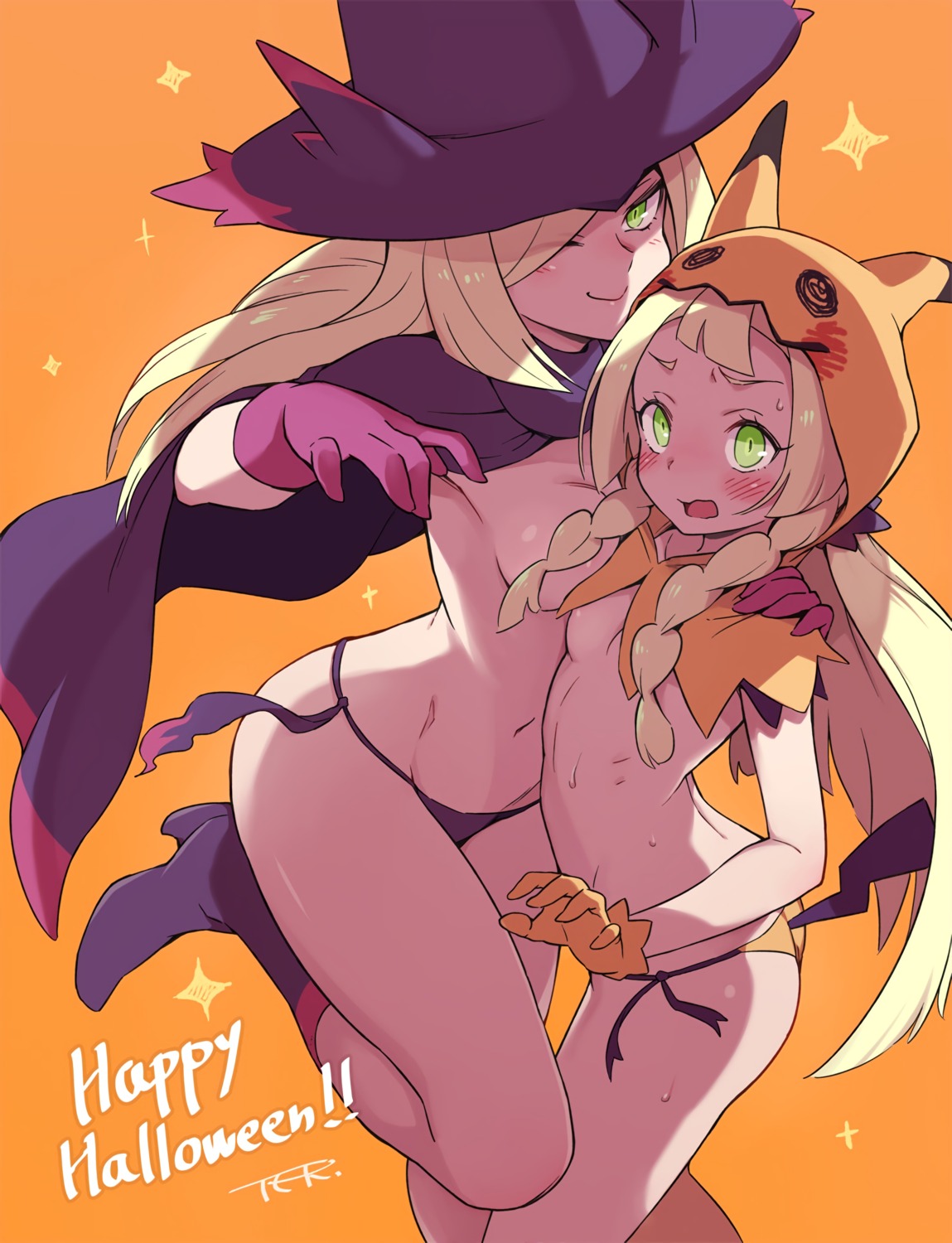 areola ass halloween heels lillie_(pokemon) loli lusamine_(pokemon) naked_cape pantsu pokemon pokemon_sm pokemon_usum string_panties tail toku_(ke7416613) witch