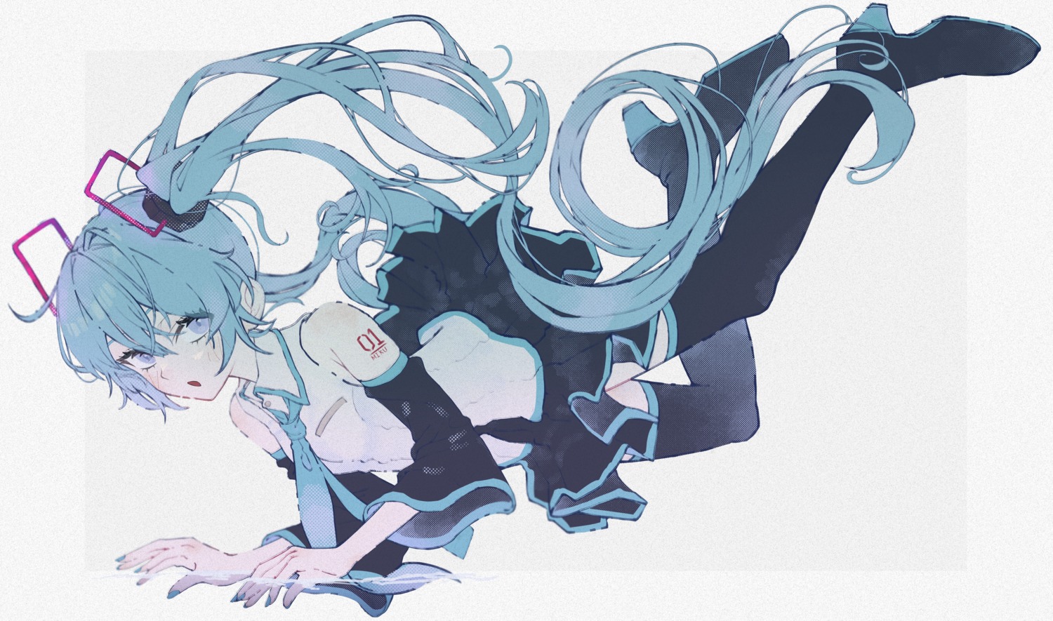 amino_(li0a4) hatsune_miku heels skirt_lift tattoo thighhighs vocaloid