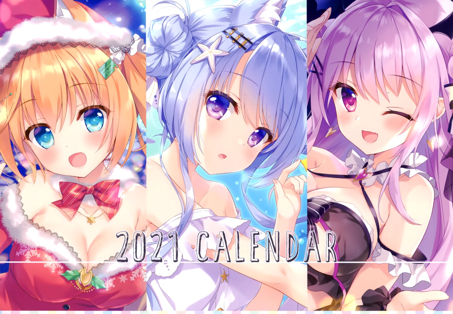 ame_nochi_yuki ameto_yuki animal_ears canele_(ameto_yuki) christmas cleavage ekichou_kitsune_(ameto_yuki) ekichou_ookami_(ameto_yuki) kitsune nekomimi no_bra