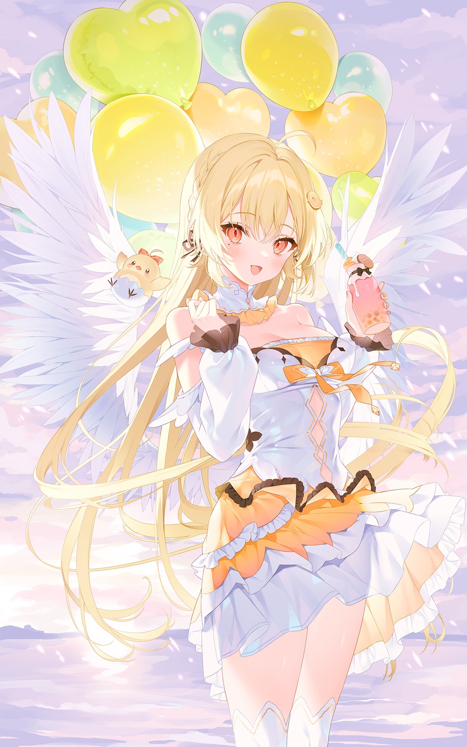 dress indie_virtual_youtuber mnimni see_through skirt_lift takanashi_anzu thighhighs wings