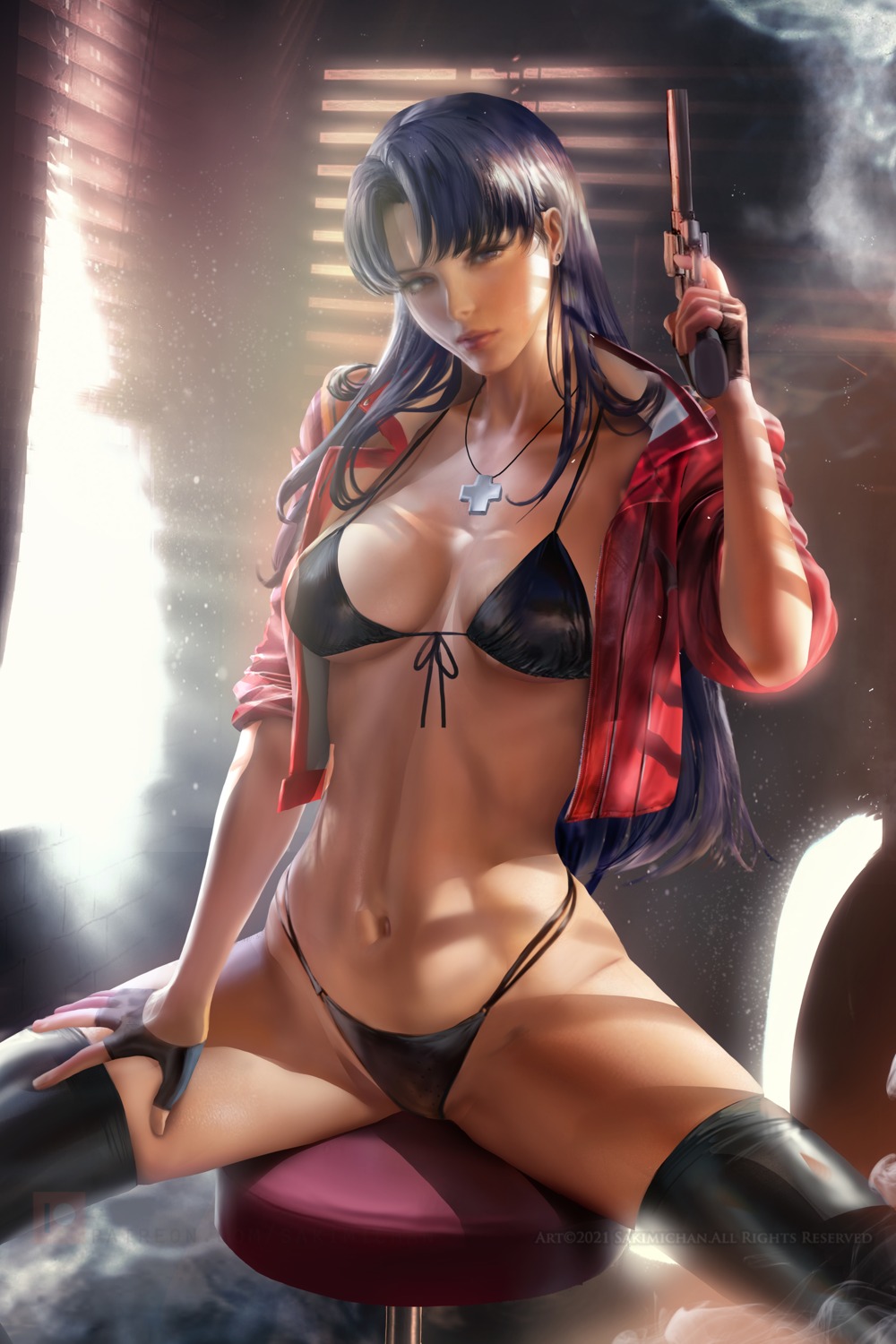 bikini gun katsuragi_misato neon_genesis_evangelion sakimichan swimsuits thighhighs