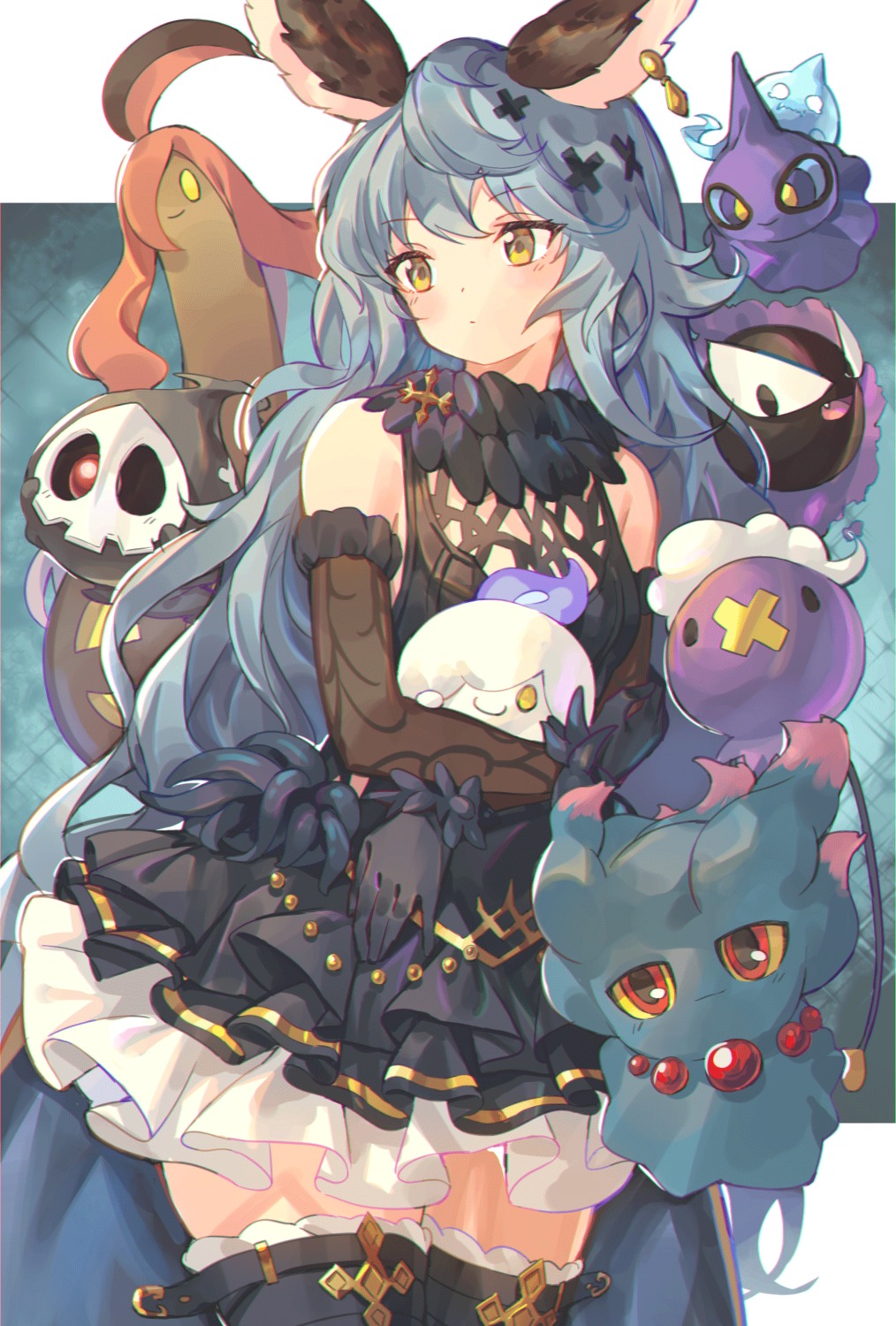 animal_ears crossover dress drifloon duskull ferry_(granblue_fantasy) gastly gothic_lolita gourgeist granblue_fantasy kanase_(mcbrwn18) litwick lolita_fashion misdreavus pokemon snuppet thighhighs