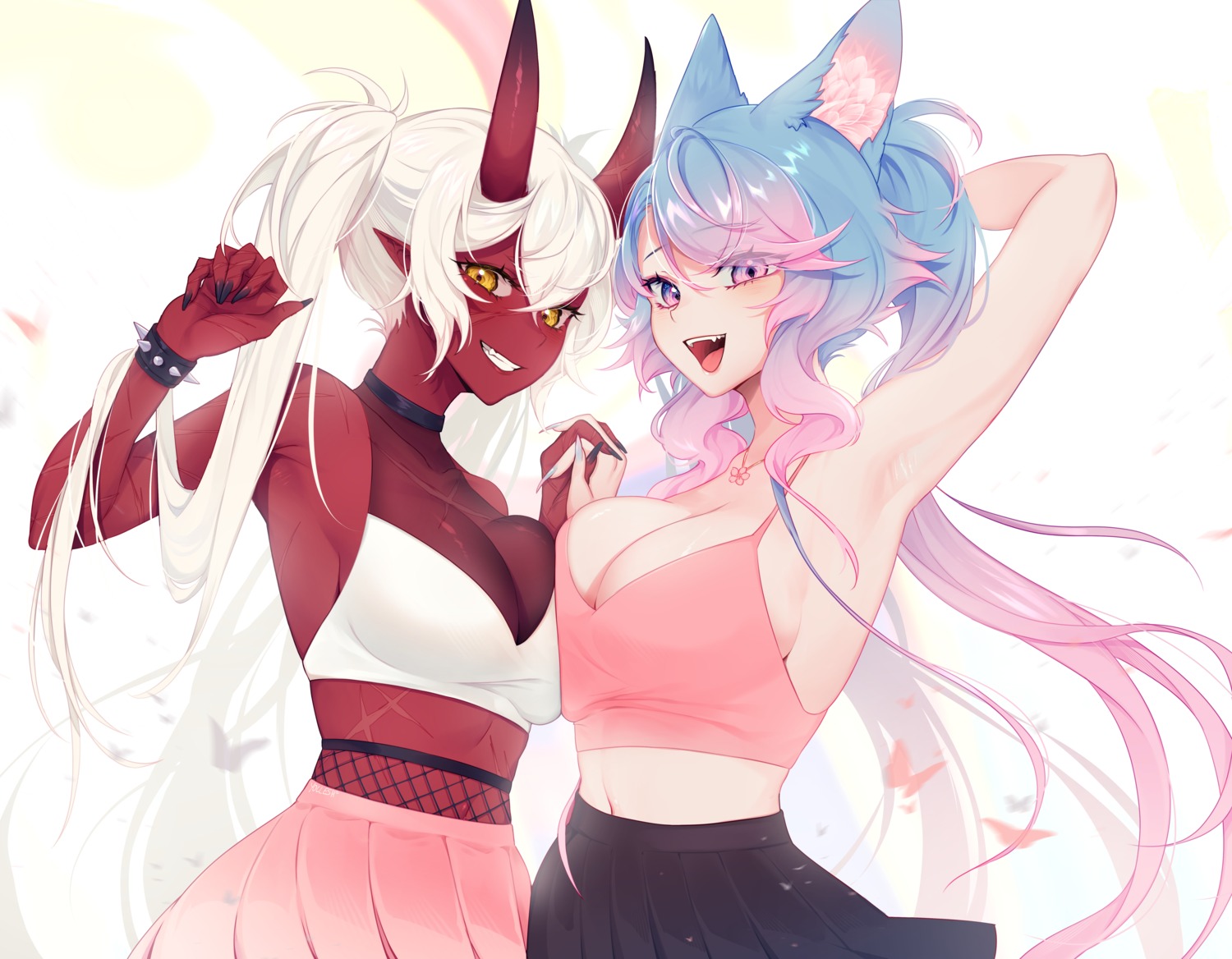 akumi_(yoclesh) animal_ears devil horns indie_virtual_youtuber kitsune no_bra pointy_ears silvervale symmetrical_docking vshojo vyugen yoclesh