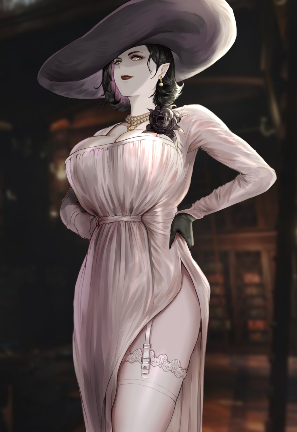 alcina_dimitrescu cleavage dress pointy_ears resident_evil resident_evil_village stockings tagme thighhighs