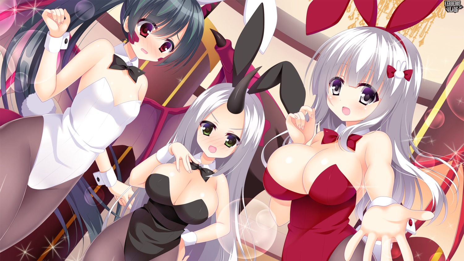 animal_ears bunny_ears bunny_girl cleavage horns kerberos_blade pantyhose tail wallpaper wings yuyumatsu