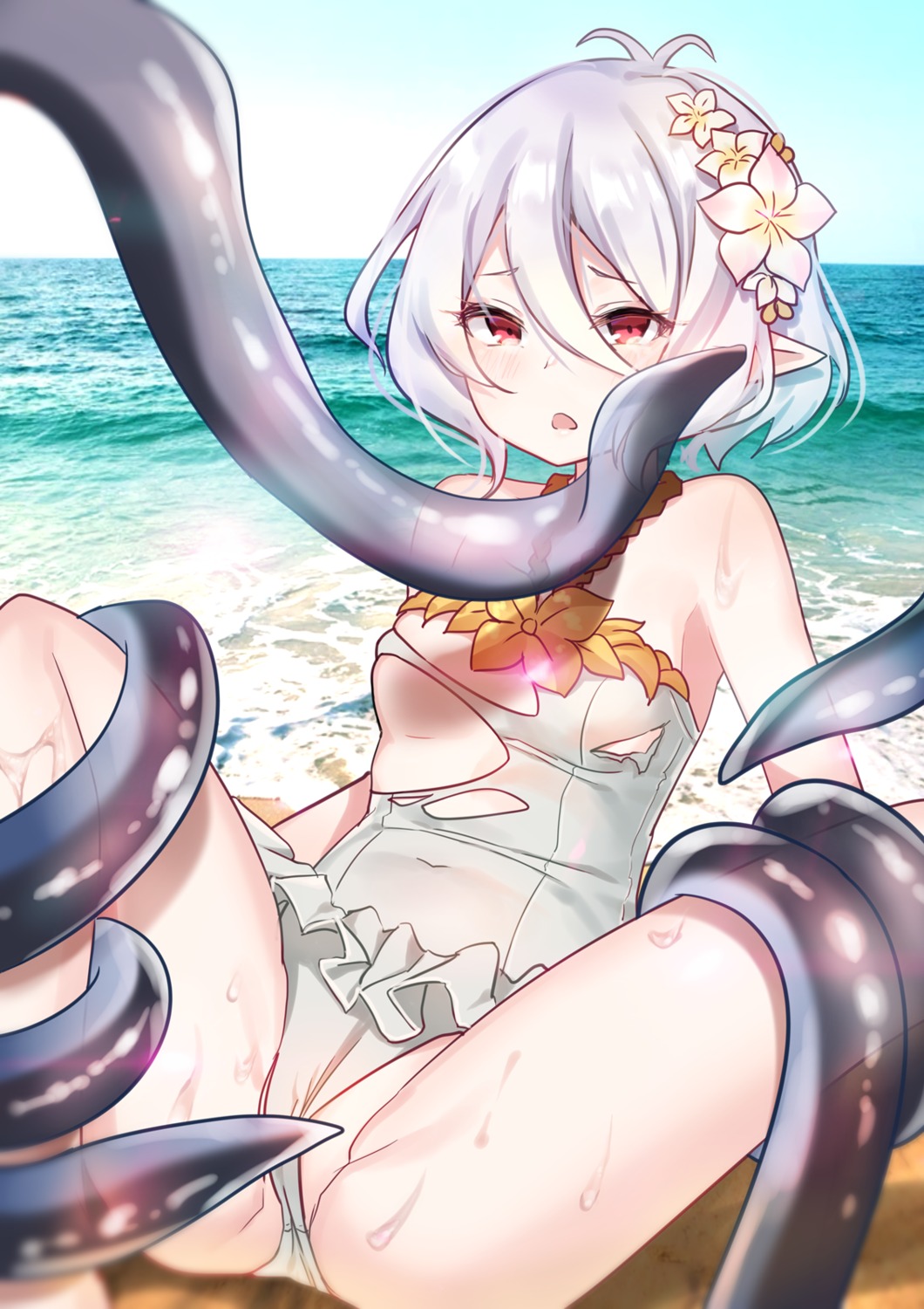 bondage cameltoe goyain kokkoro loli pointy_ears princess_connect princess_connect!_re:dive swimsuits tentacles torn_clothes wardrobe_malfunction wet