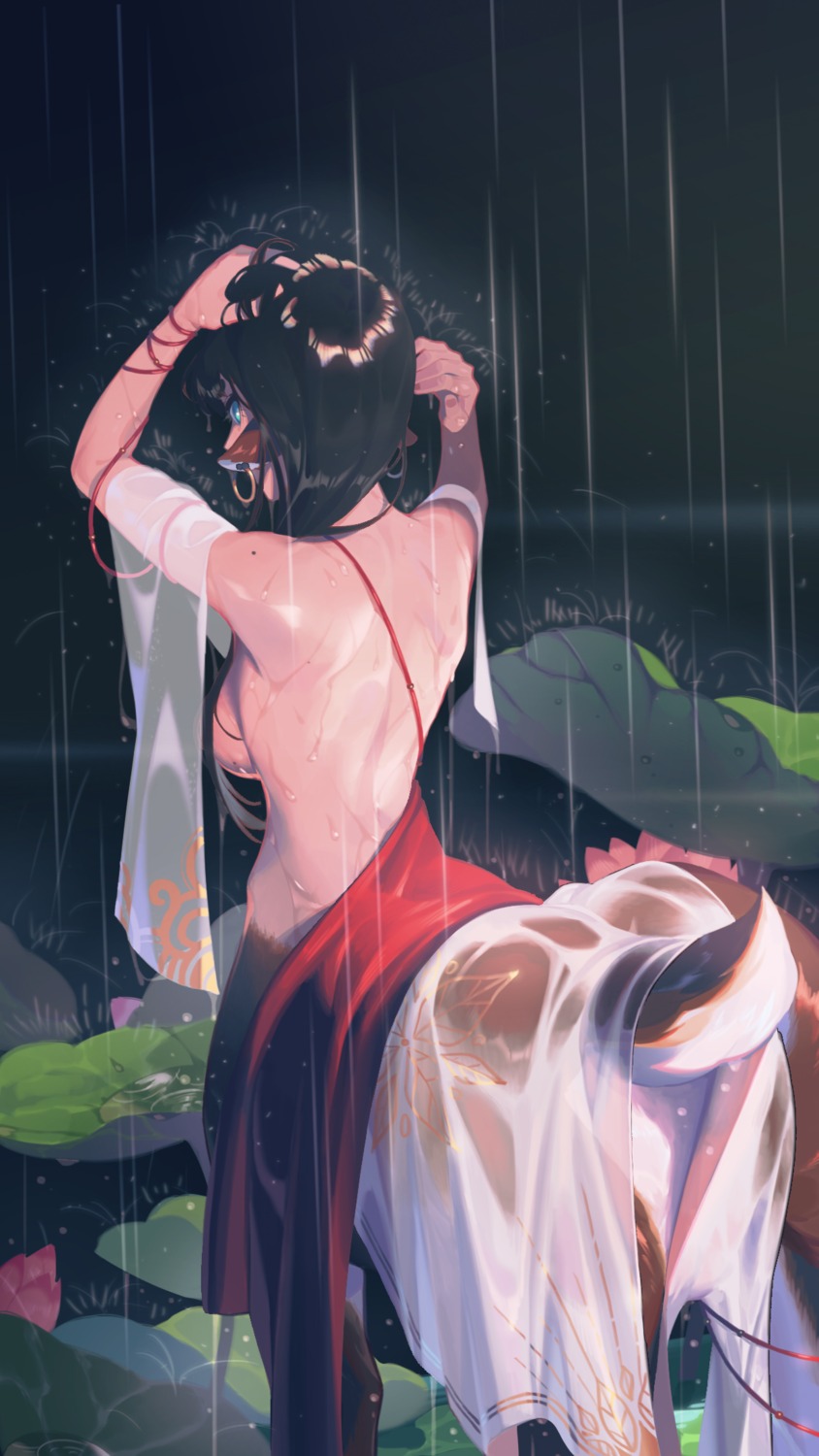 animal_ears ass japanese_clothes monster_girl see_through tagme topless wet wet_clothes