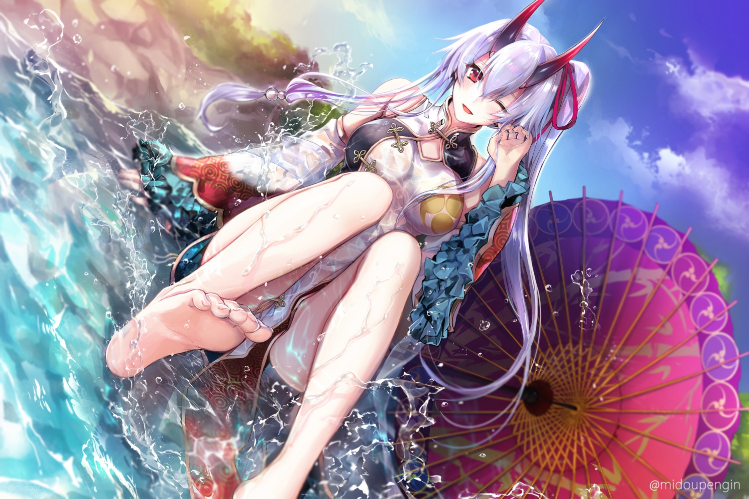 chinadress fate/grand_order feet horns mintes see_through tomoe_gozen_(fate/grand_order) umbrella wet wet_clothes