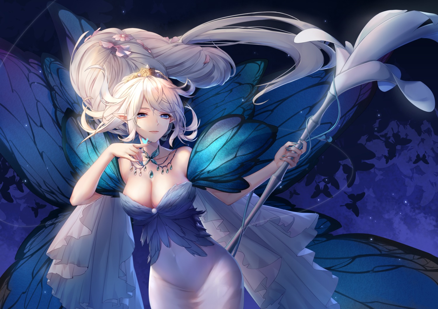 ajio_(pixiv7718798) dress final_fantasy final_fantasy_xiv no_bra pointy_ears titania_(final_fantasy_xiv) weapon wings