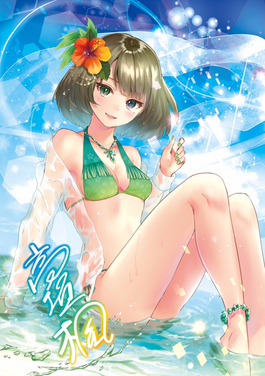 bikini cleavage hanekoto heterochromia swimsuits takagaki_kaede the_idolm@ster the_idolm@ster_cinderella_girls wet