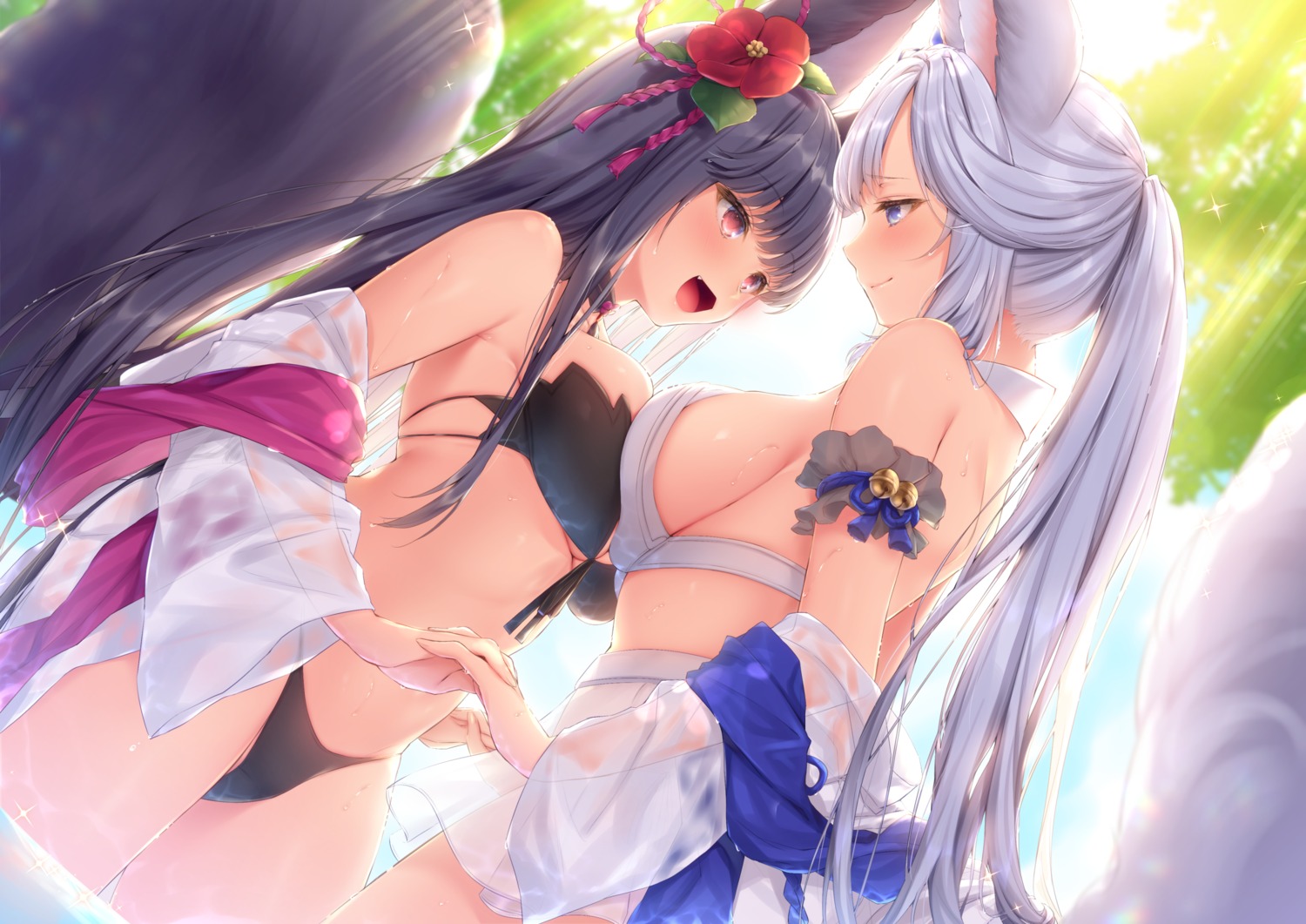 animal_ears bikini granblue_fantasy jiiwara open_shirt see_through socie_(granblue_fantasy) swimsuits symmetrical_docking tail wet wet_clothes yuel_(granblue_fantasy) yuri