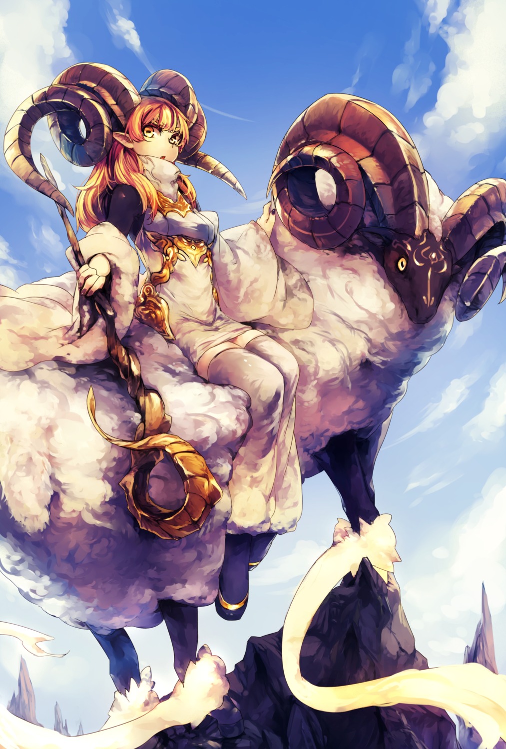 dress genyaky horns pointy_ears thighhighs weapon
