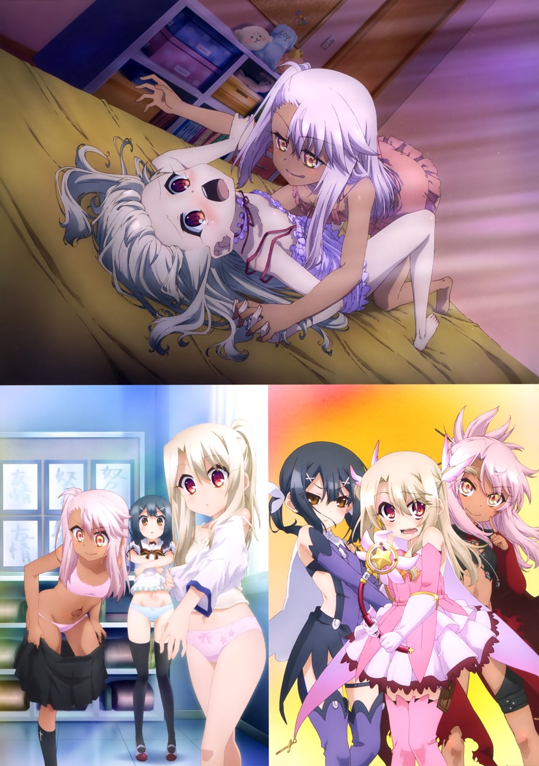 bra chloe_von_einzbern fate/kaleid_liner_prisma_illya fate/stay_night gym_uniform illyasviel_von_einzbern lingerie loli miyu_edelfelt pantsu seifuku shirt_lift tattoo thighhighs undressing weapon yuri