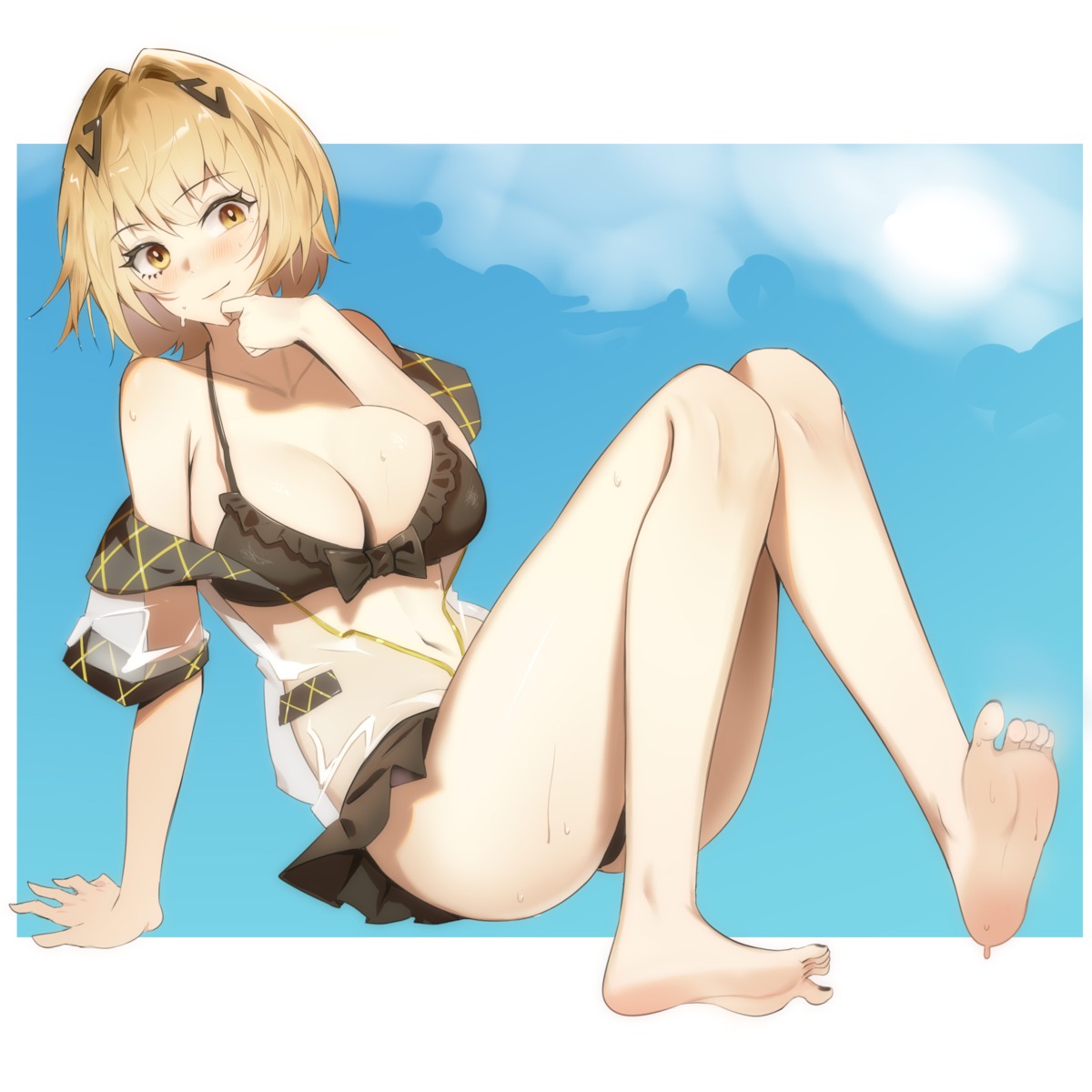 alchemy_stars bikini feet open_shirt see_through skirt_lift swimsuits vice_(alchemy_stars) xuxuxu